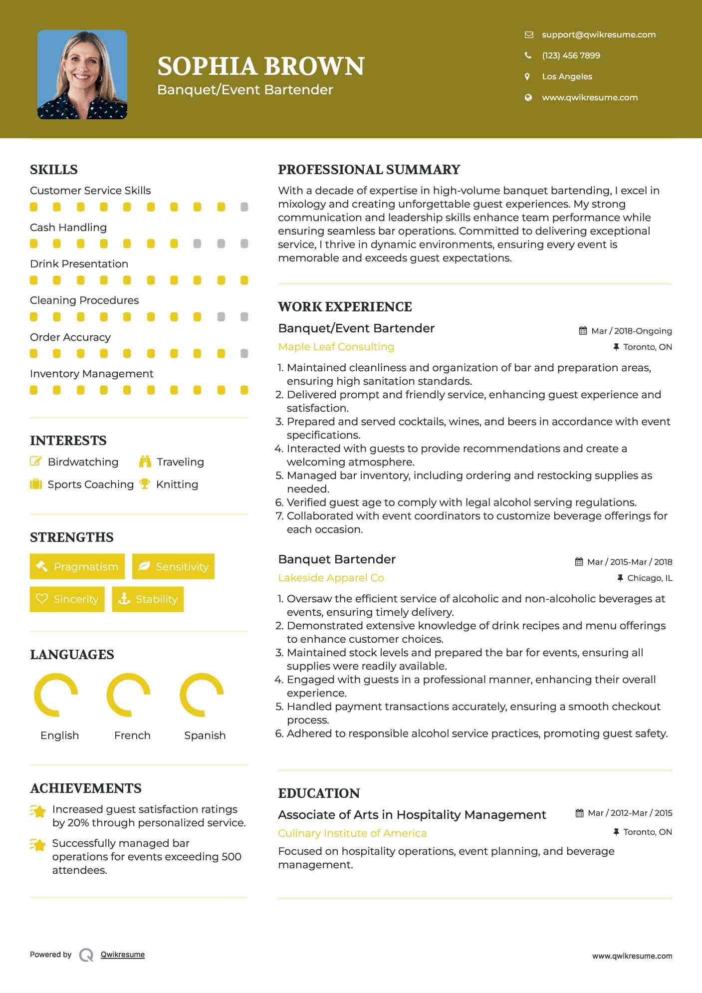 Banquet/Event Bartender
 Resume Format