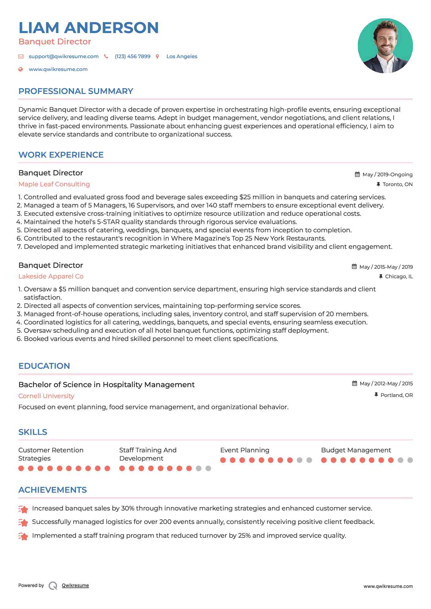 Banquet Director Resume Sample