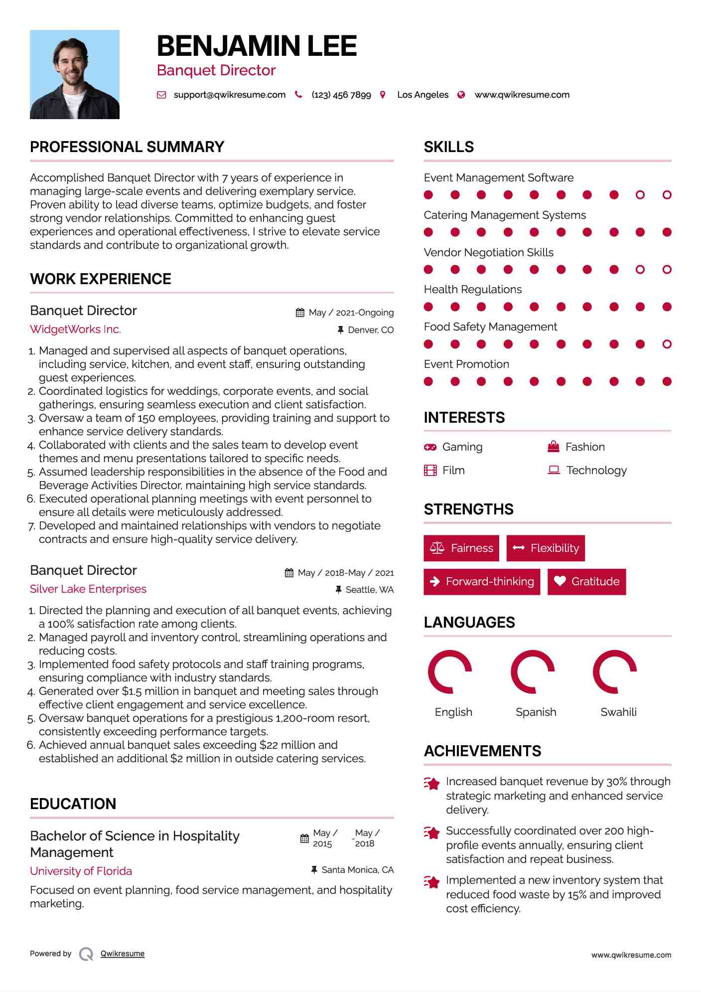 Banquet Director Resume Template