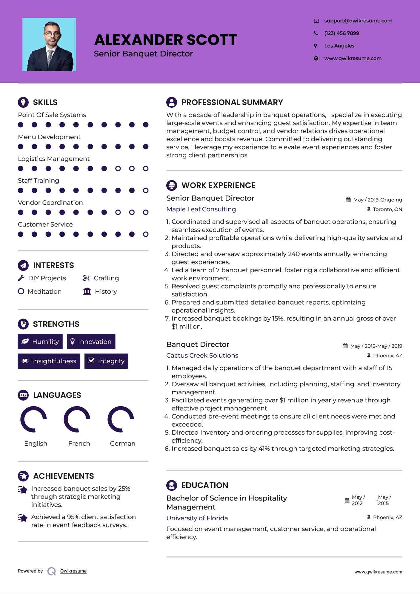 Senior Banquet Director Resume Example