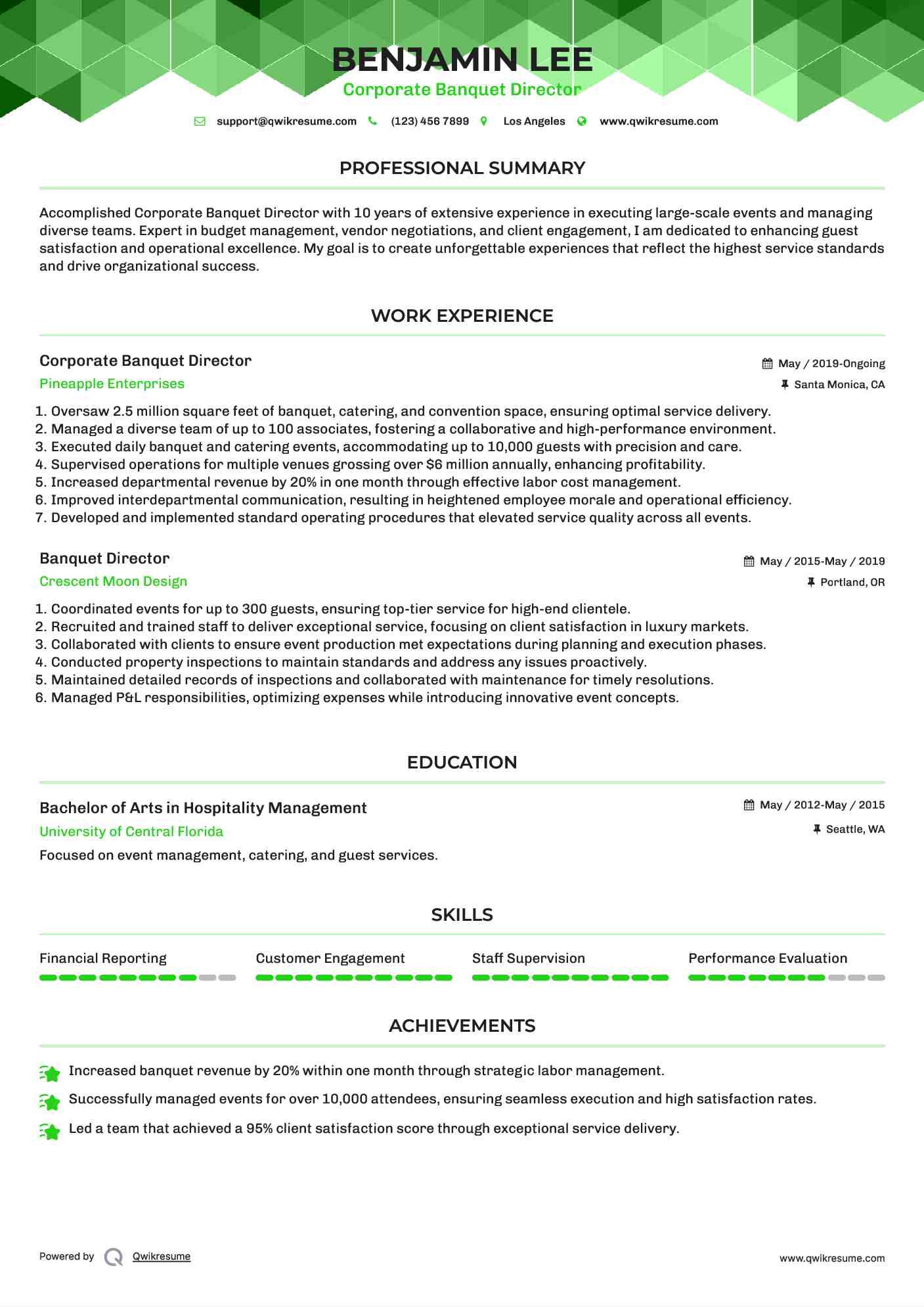 Corporate Banquet Director Resume Example