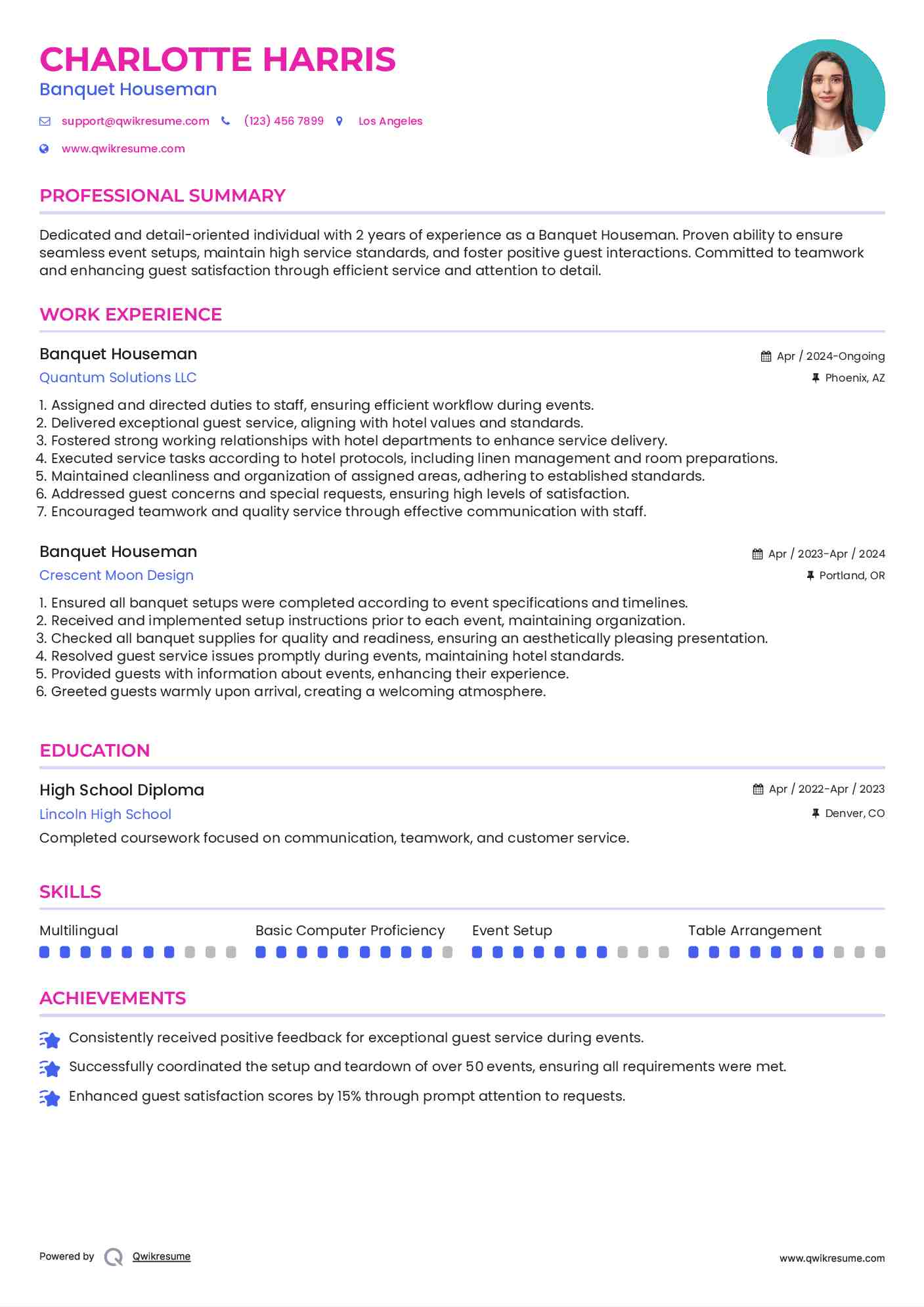 Banquet Houseman Resume Sample
