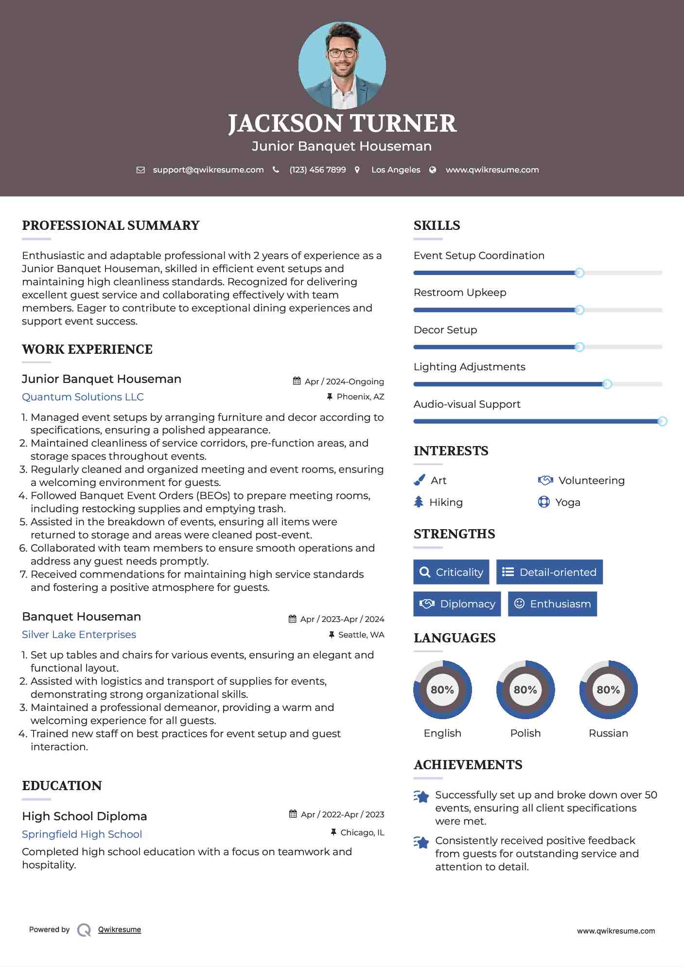 Junior Banquet Houseman Resume Template