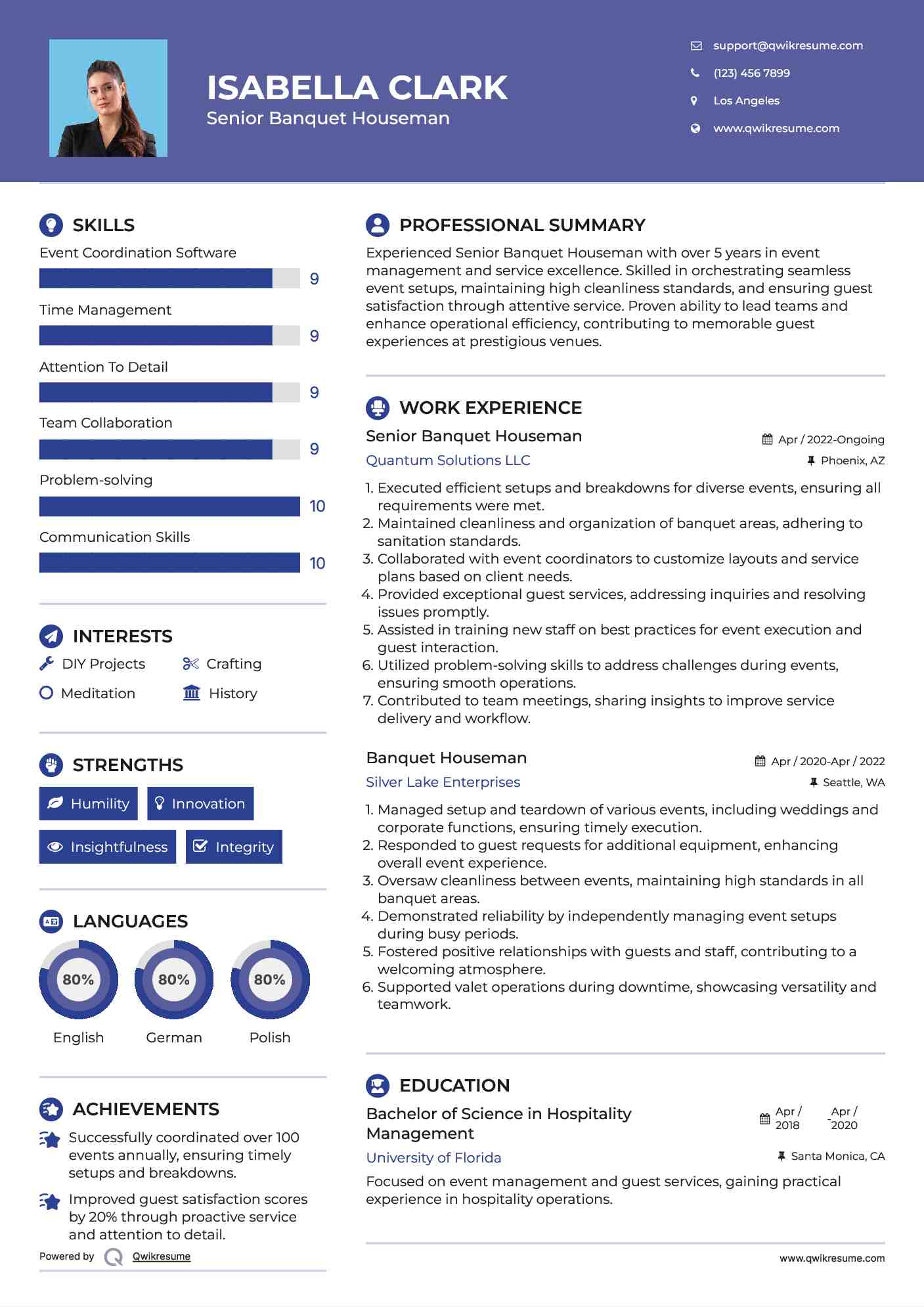 Senior Banquet Houseman Resume Sample