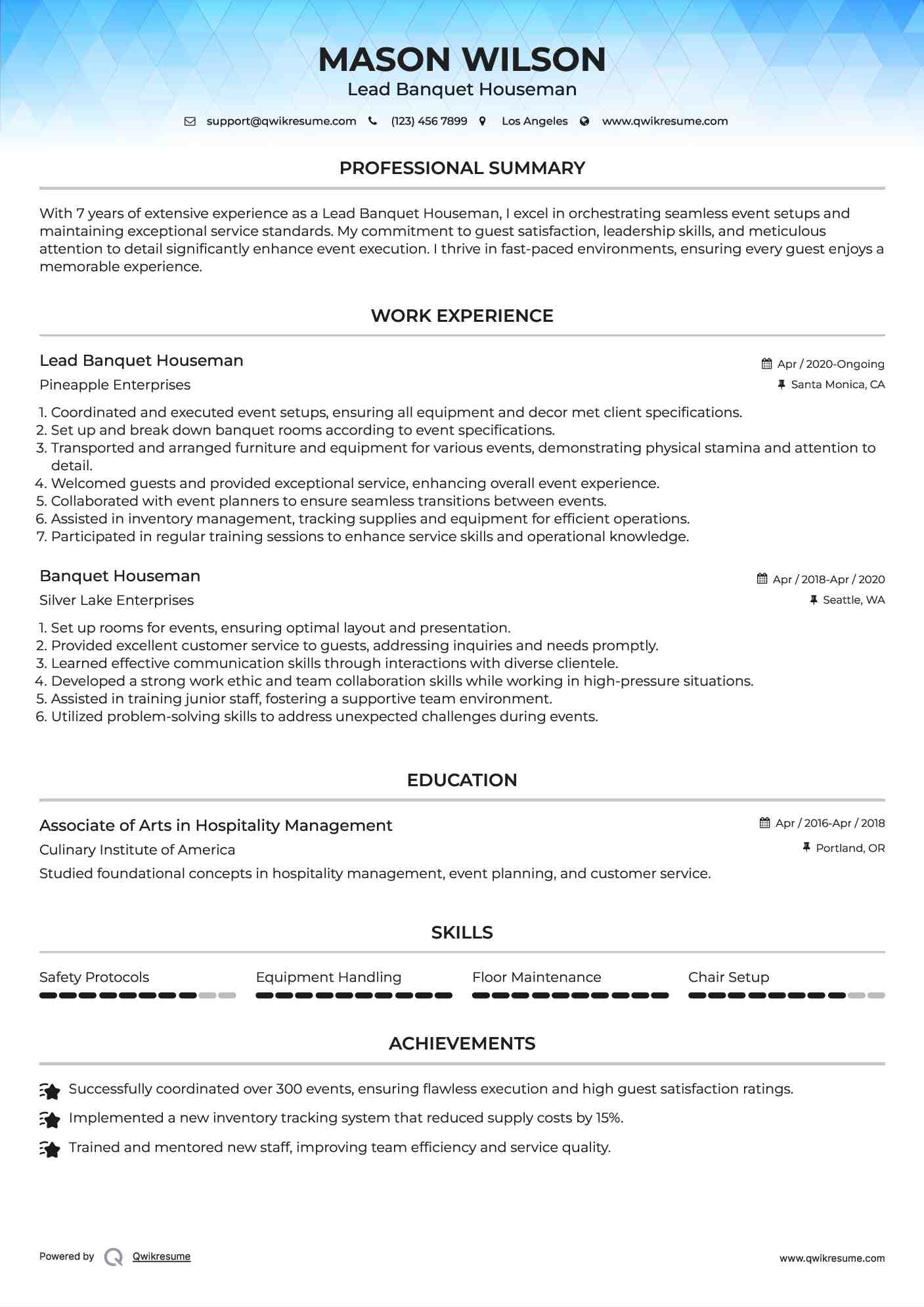 Lead Banquet Houseman  Resume Model