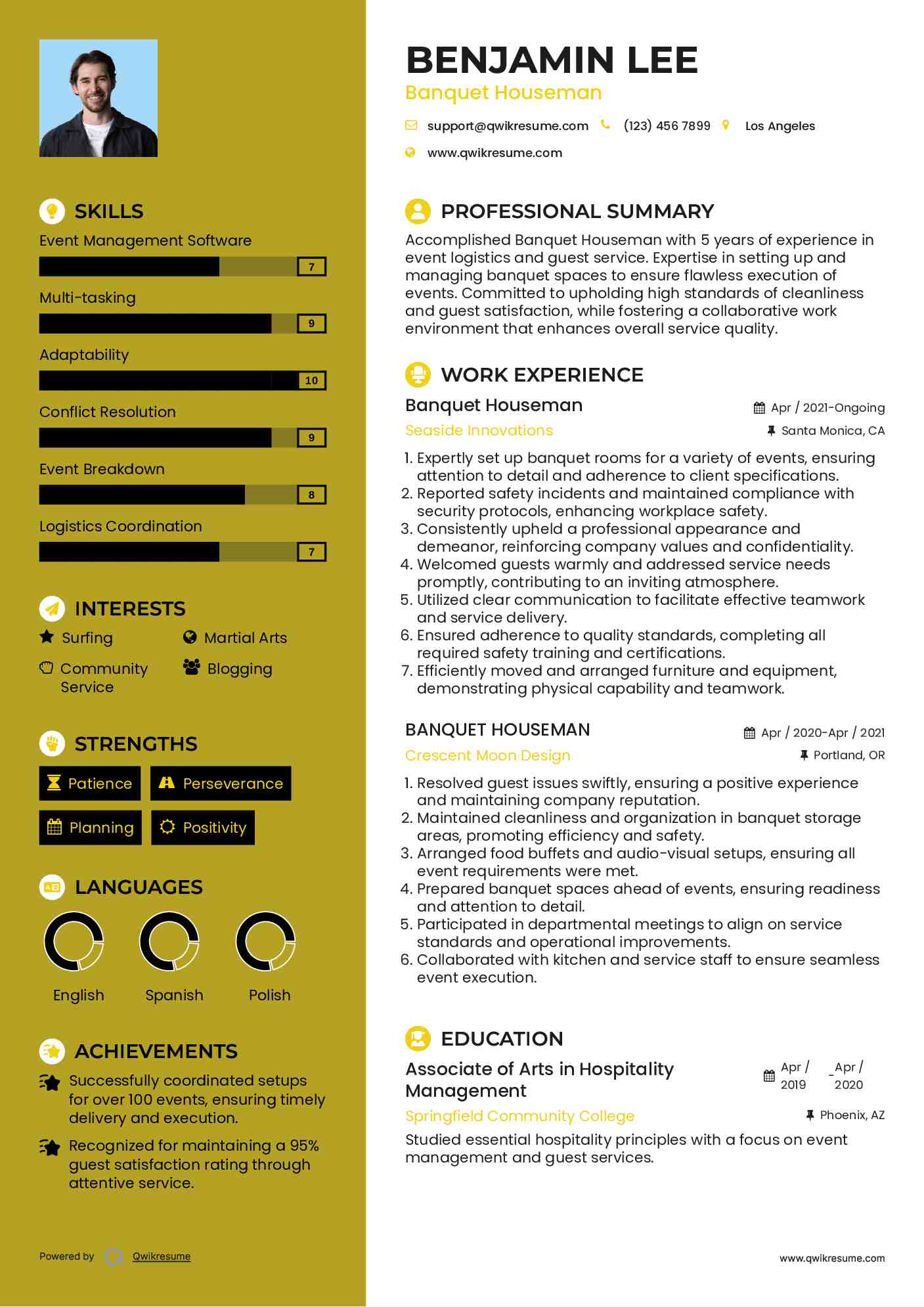 Banquet Houseman Resume Sample