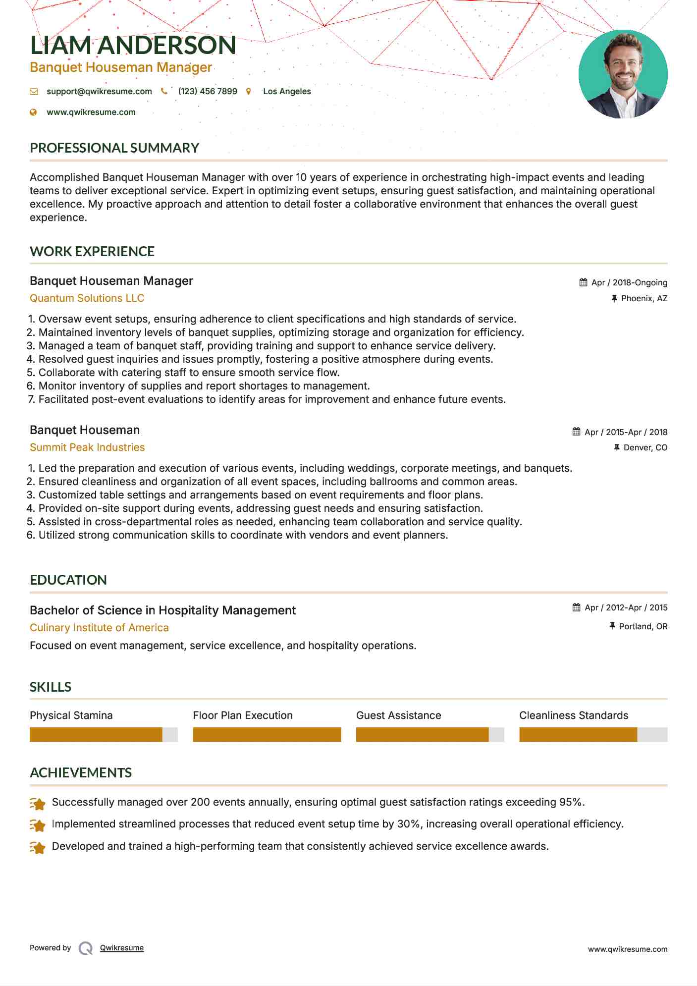 Banquet Houseman Manager Resume Format