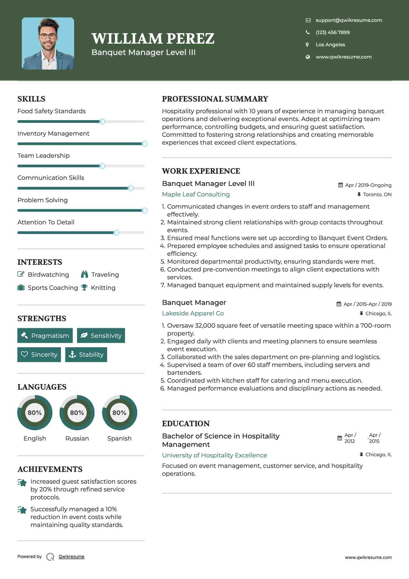 Banquet Manager Level III Resume Example