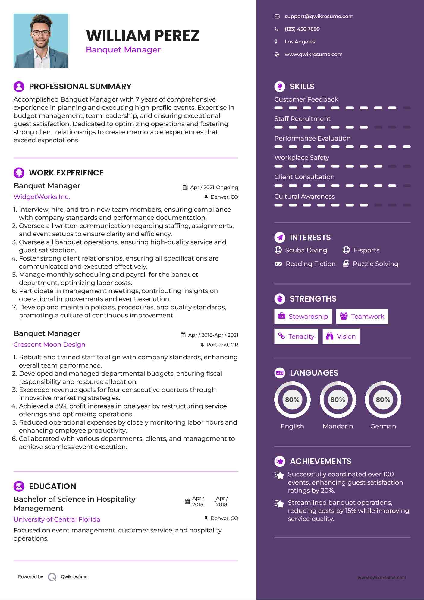 Banquet Manager Resume Template