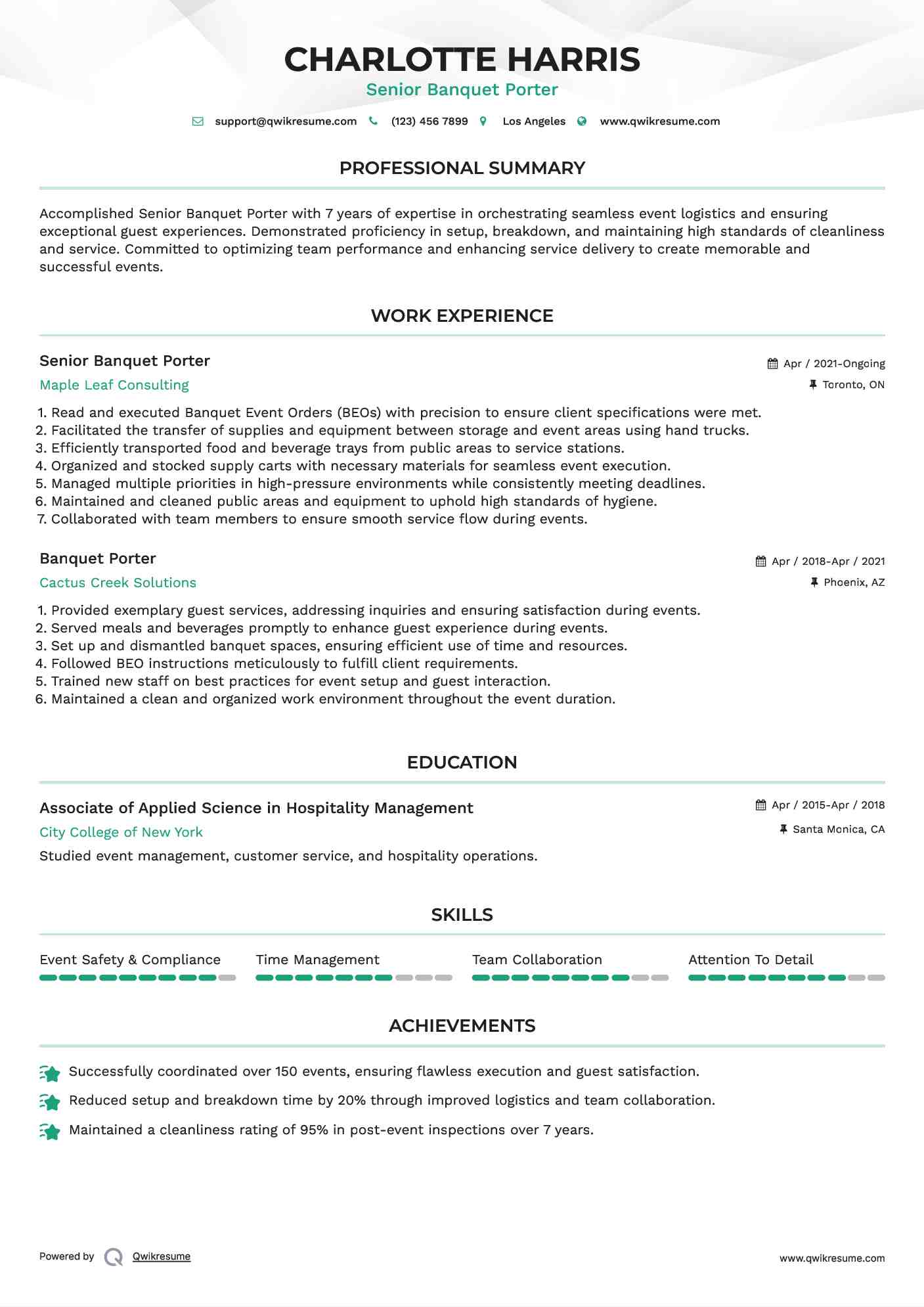 Senior Banquet Porter Resume Example