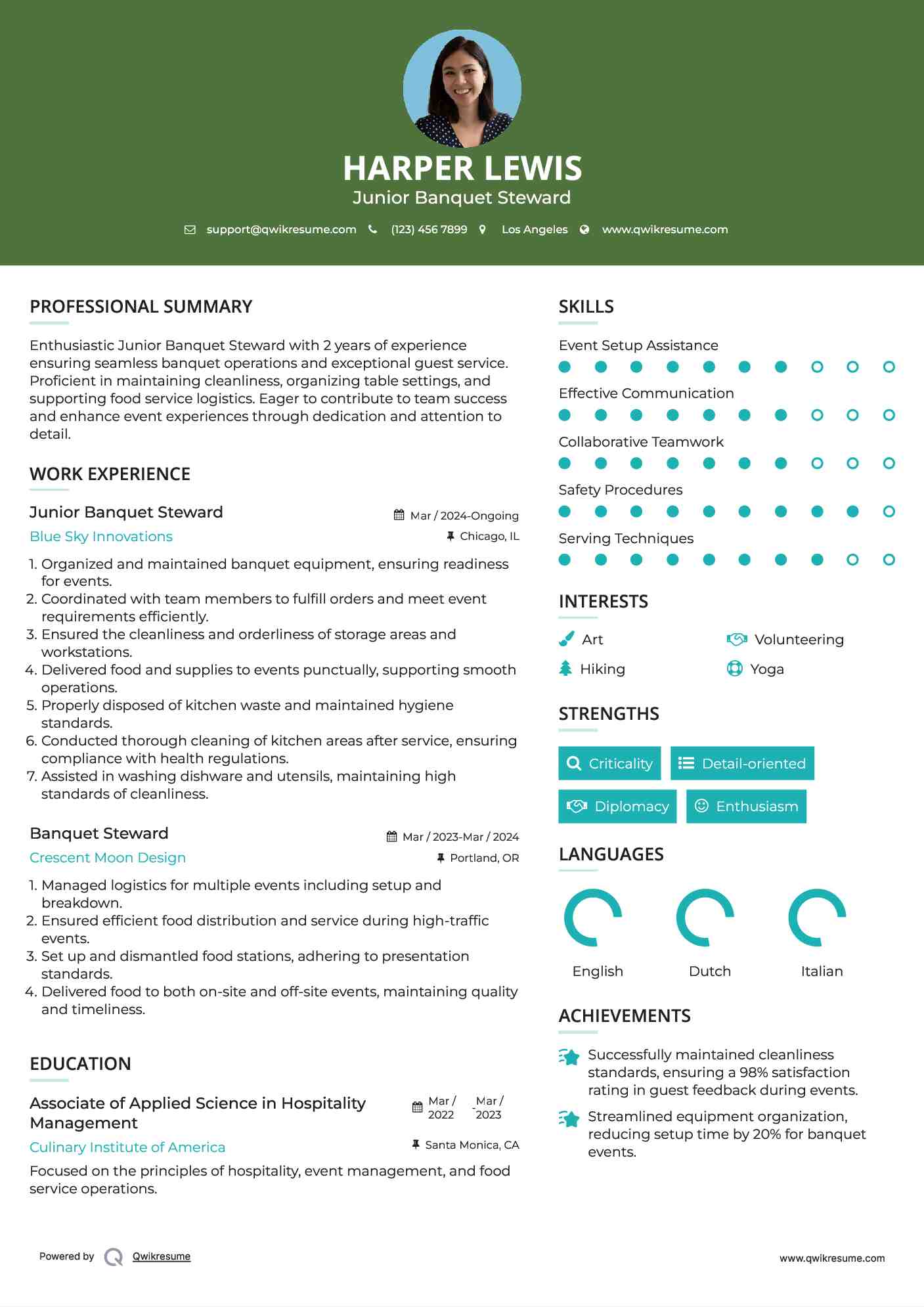 Junior Banquet Steward Resume Template