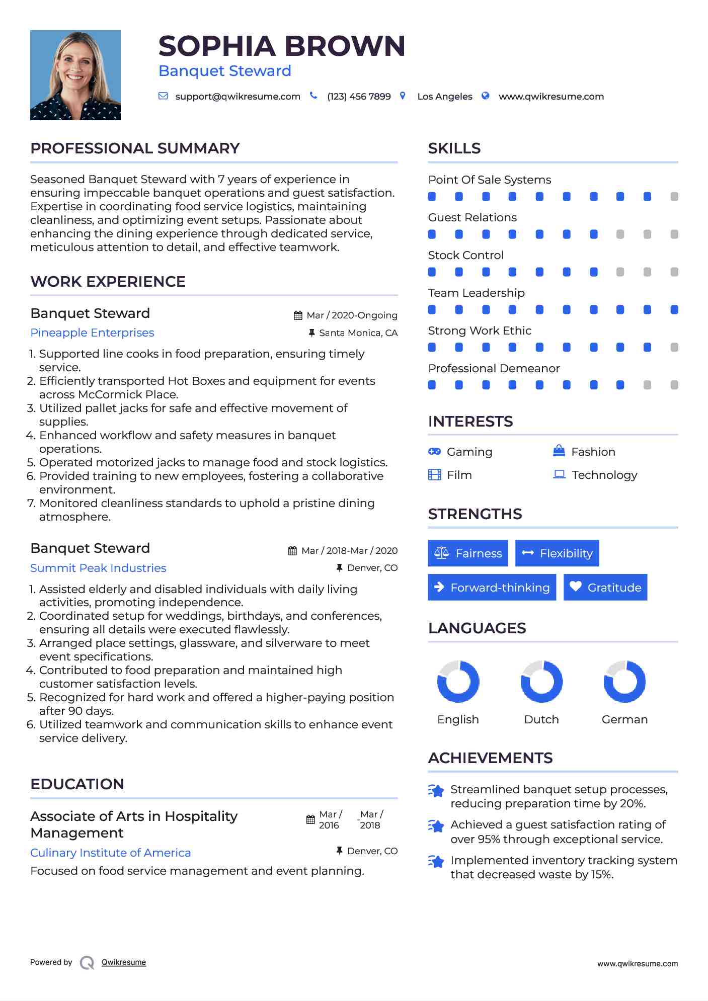 Banquet Steward Resume Sample