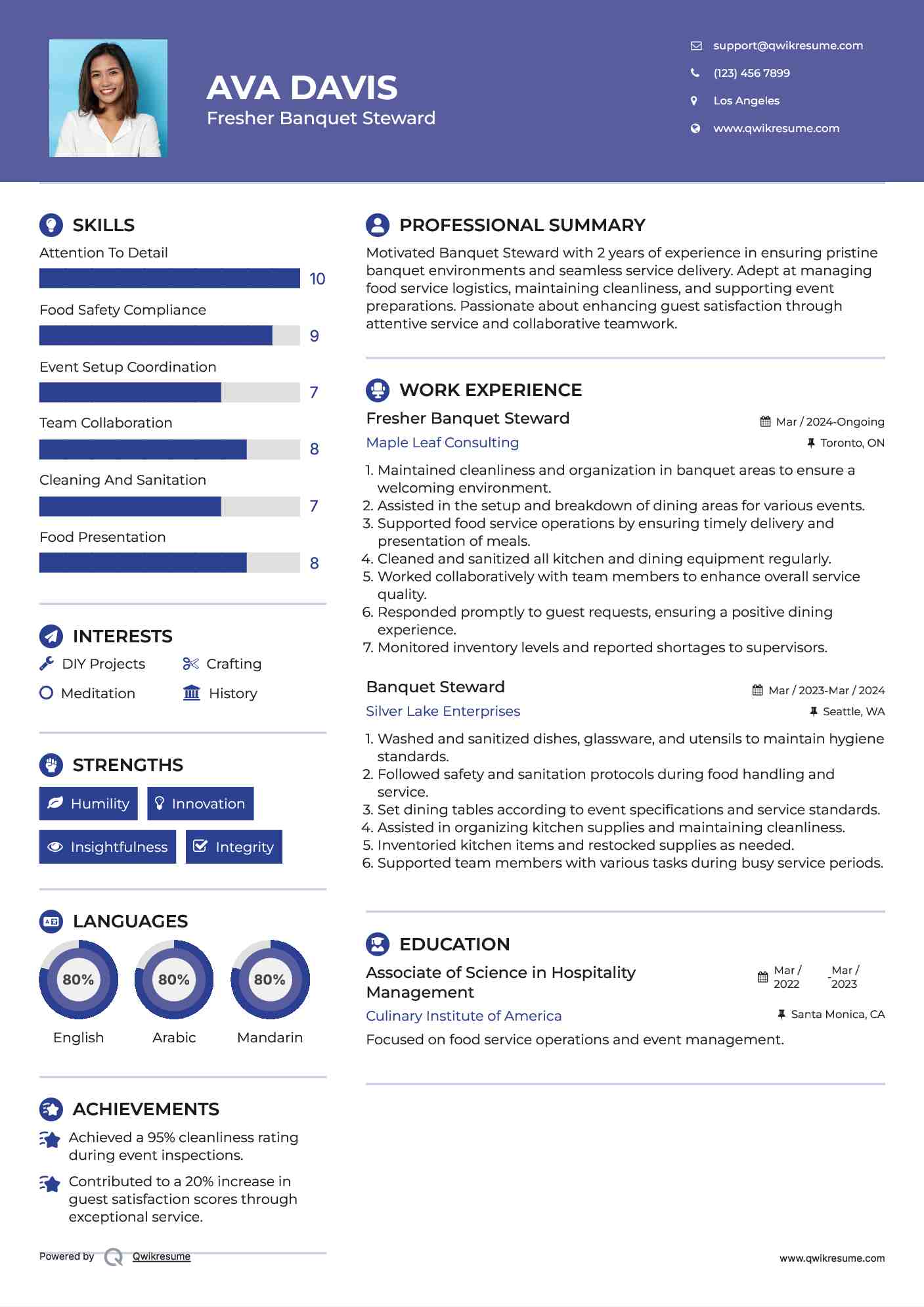 Fresher Banquet Steward Resume Template