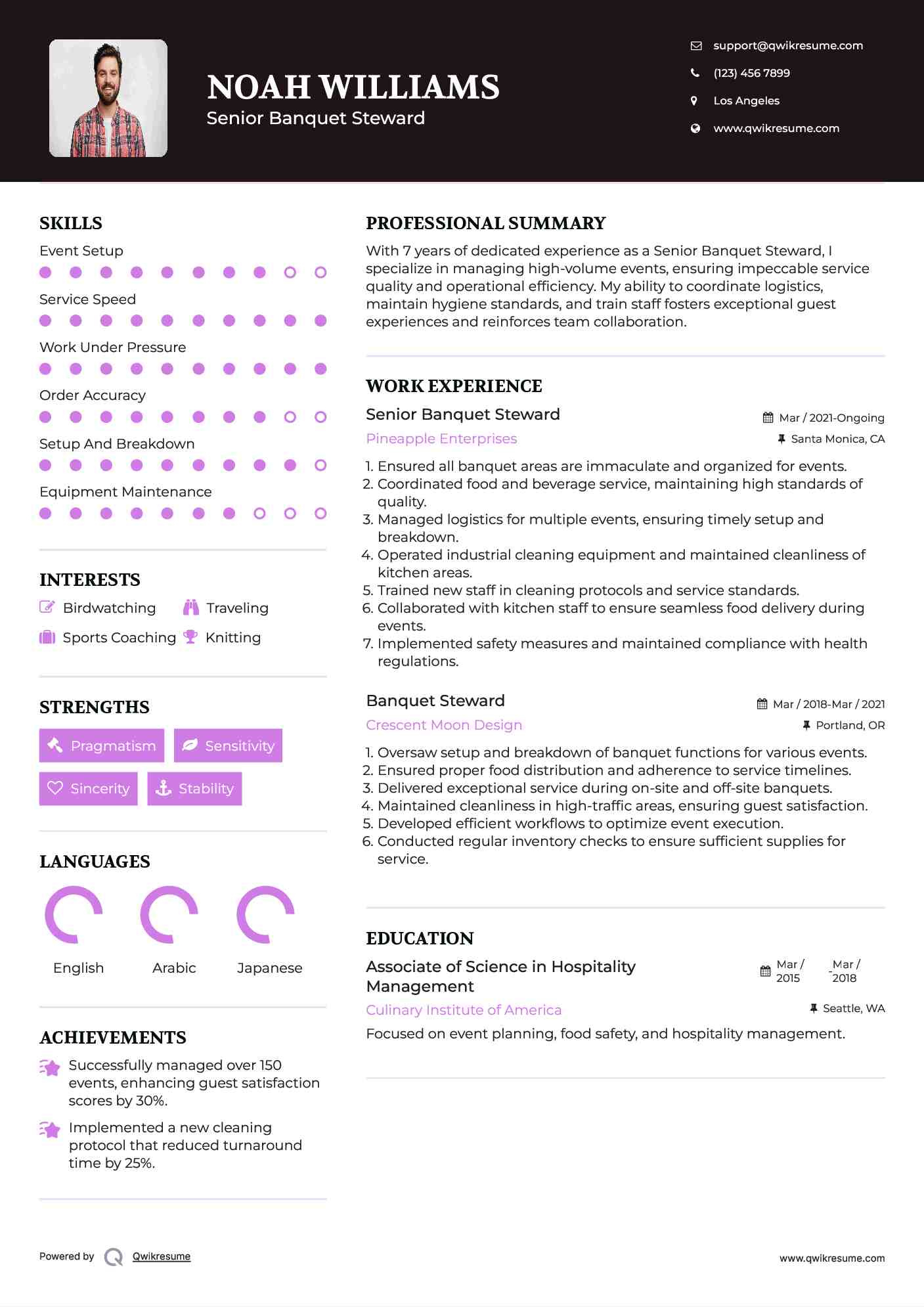 Senior Banquet Steward Resume Format