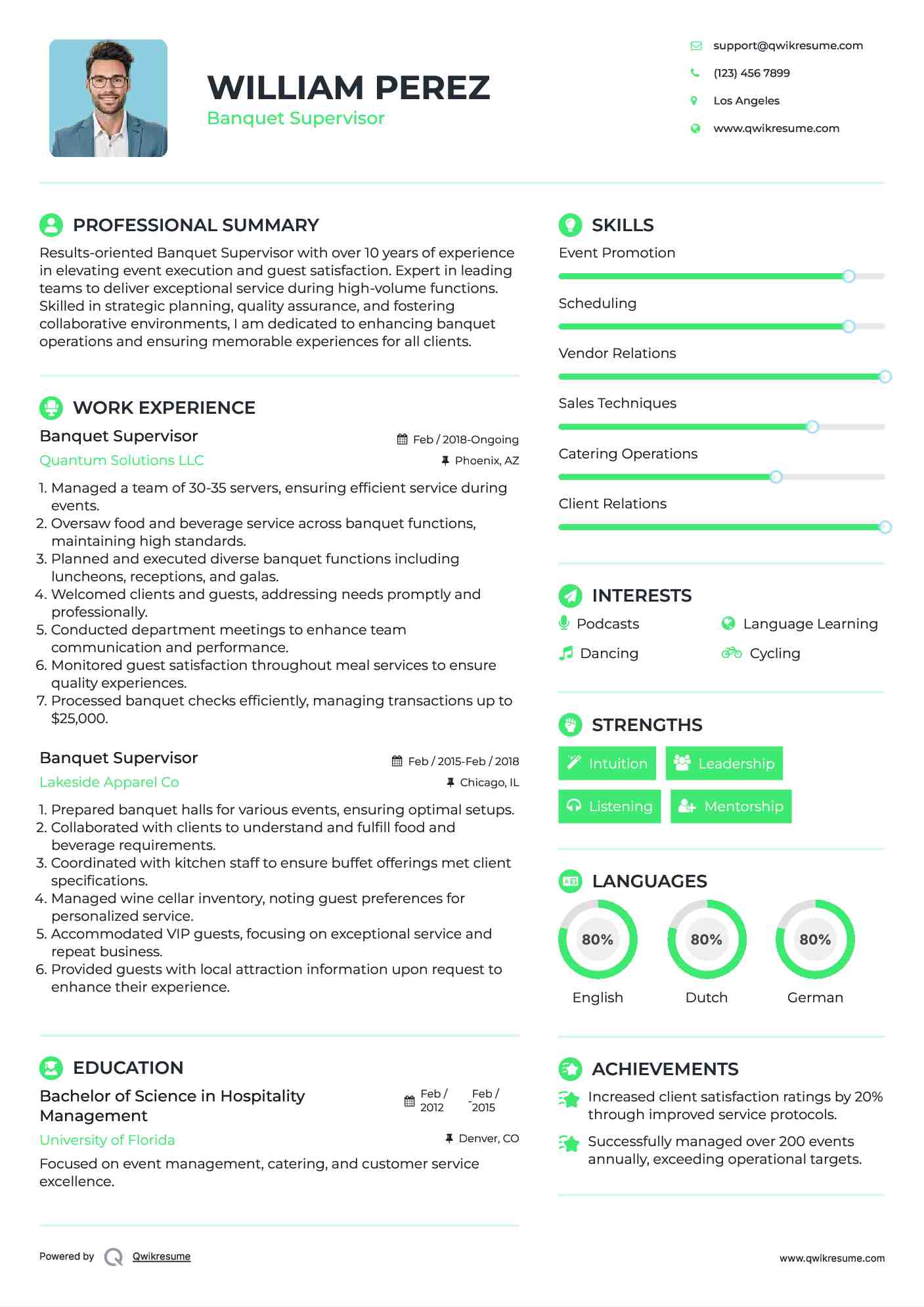 Banquet Supervisor Resume Format