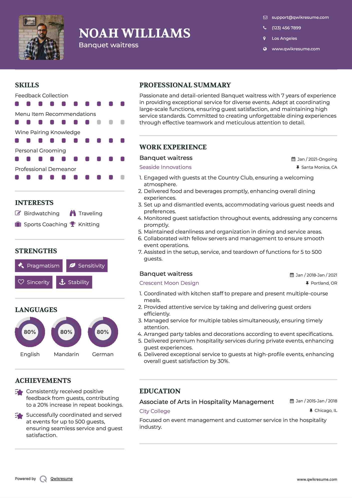 Banquet waitress Resume Template