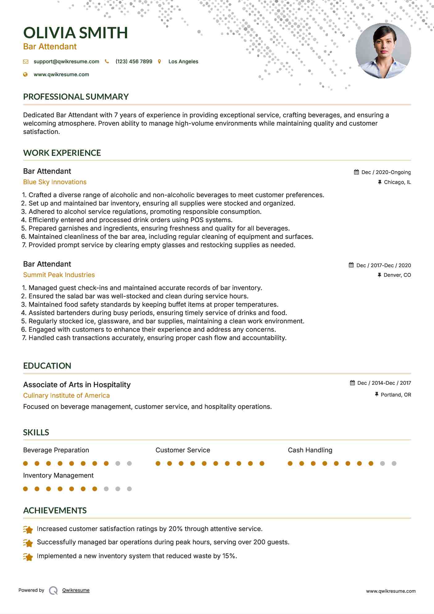 Bar Attendant Resume Example