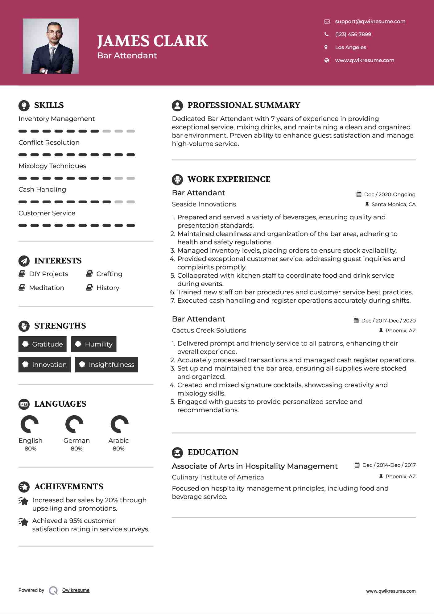 Bar Attendant Resume Example