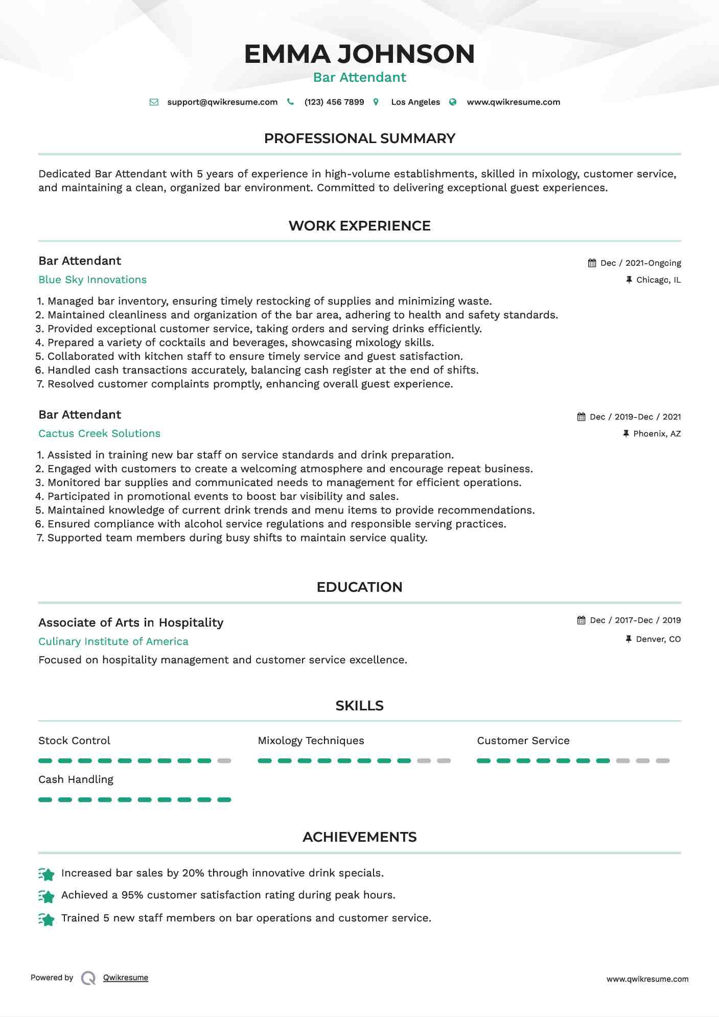 Bar Attendant Resume Model