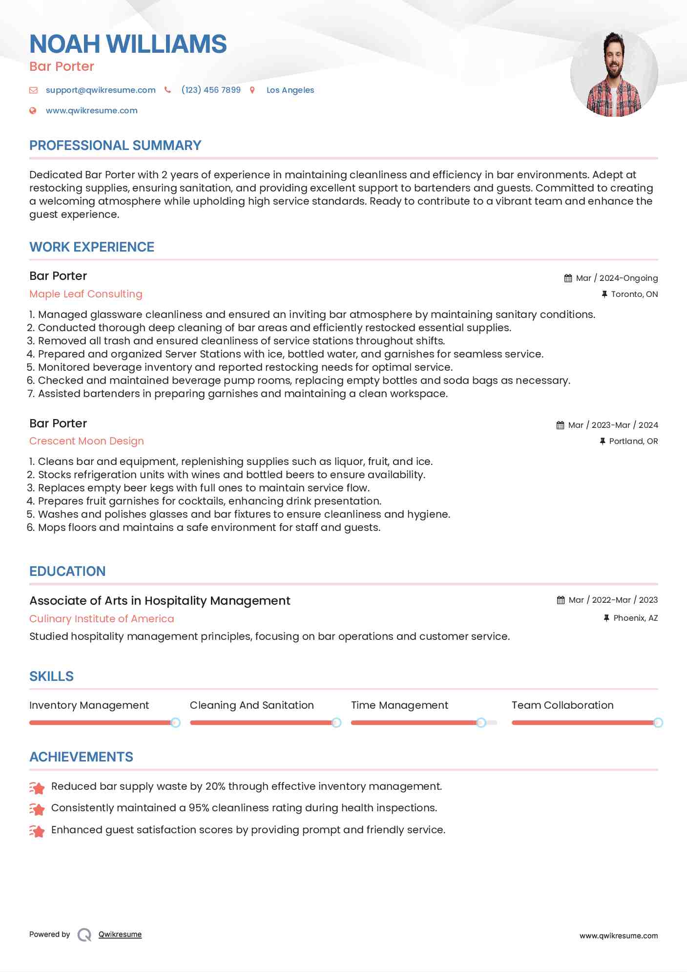 Bar Porter Resume Model