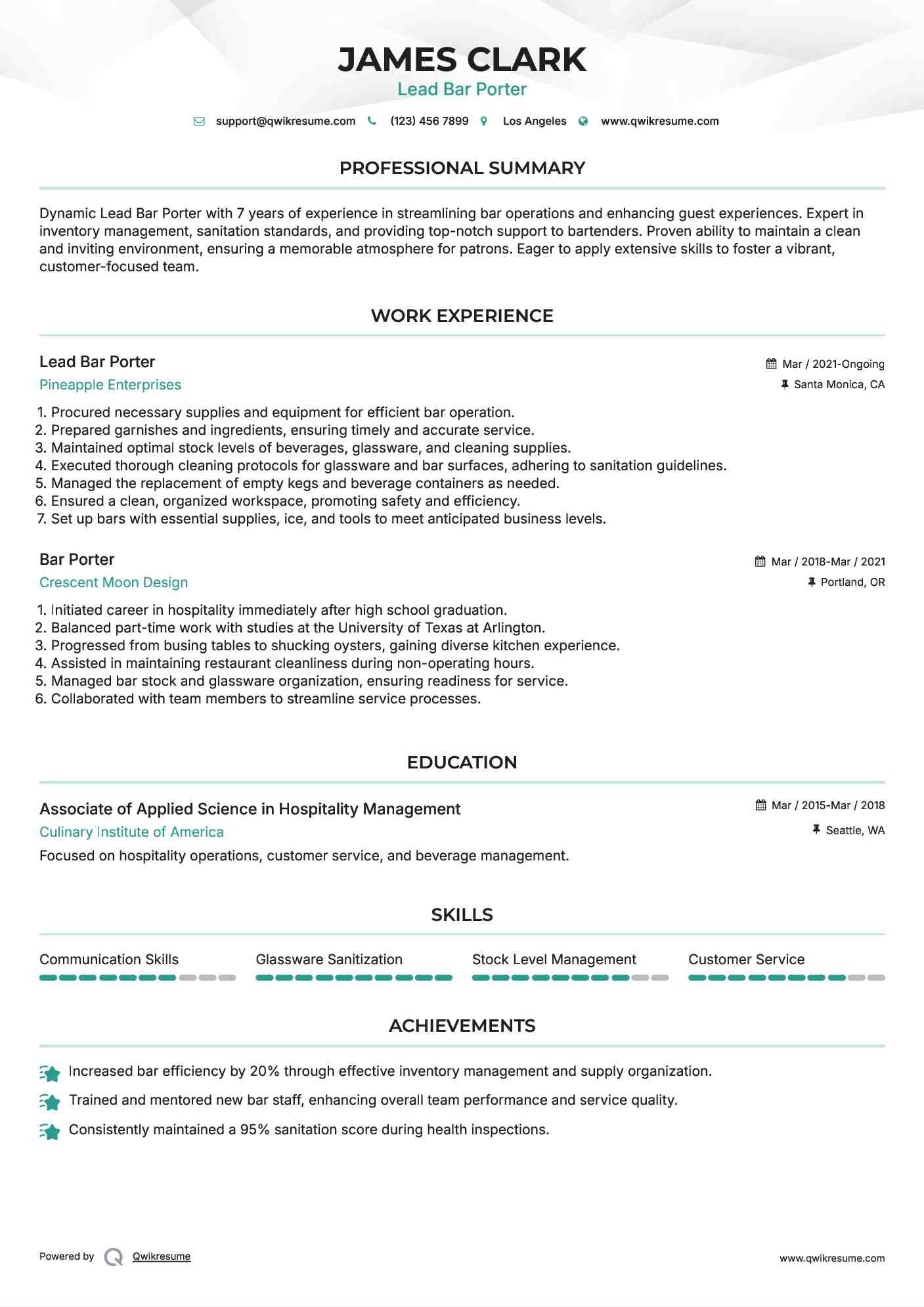 Lead Bar Porter  Resume Sample