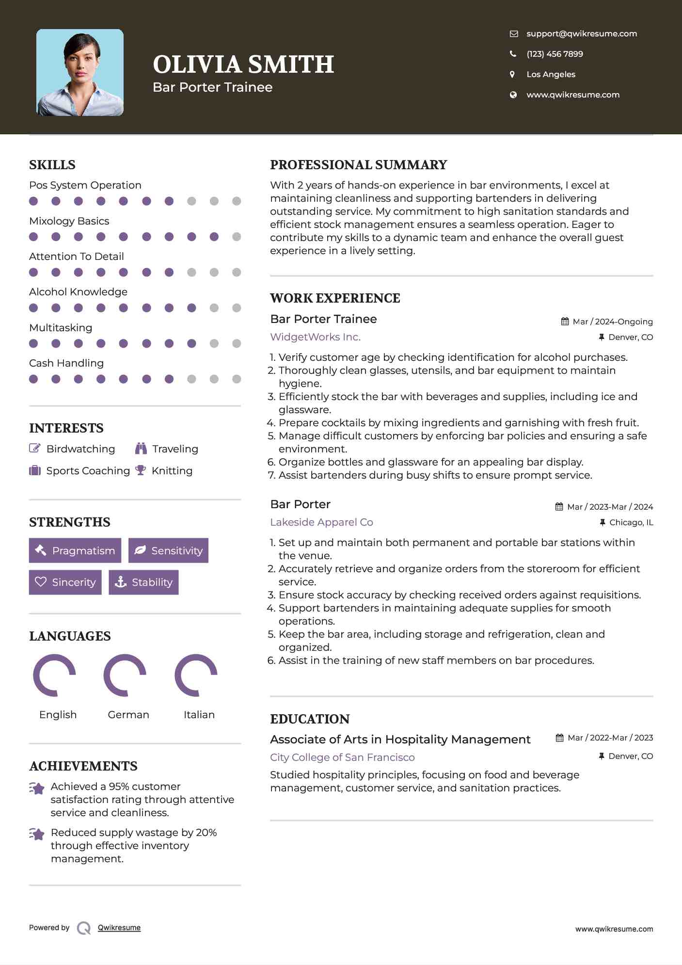 Bar Porter Trainee Resume Template