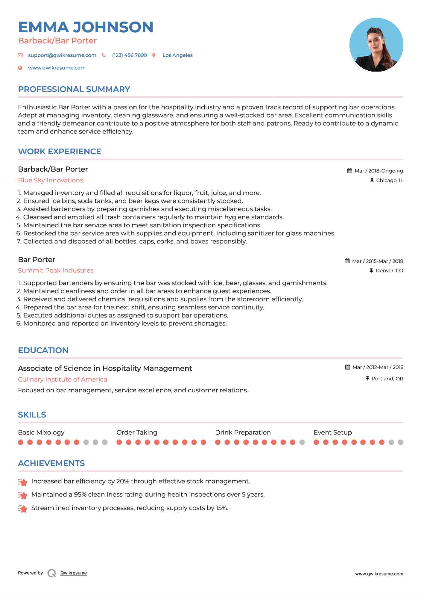 Barback/Bar Porter Resume Format