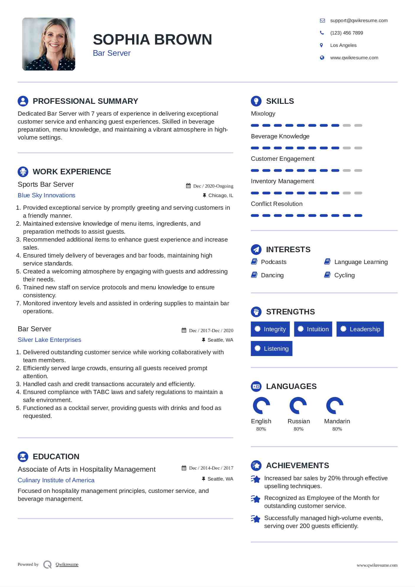 Sports Bar Server Resume Model