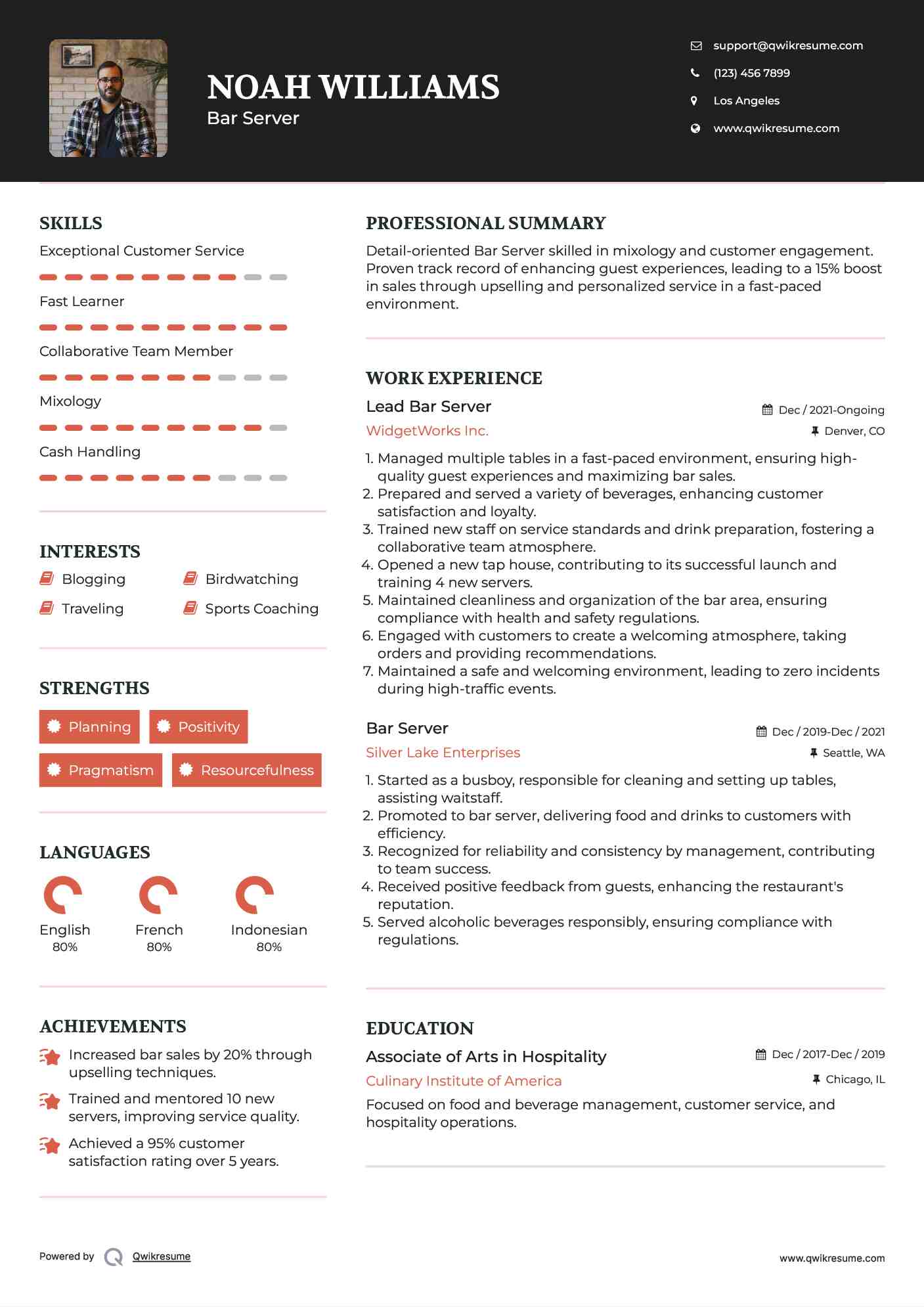 Lead Bar Server Resume Sample