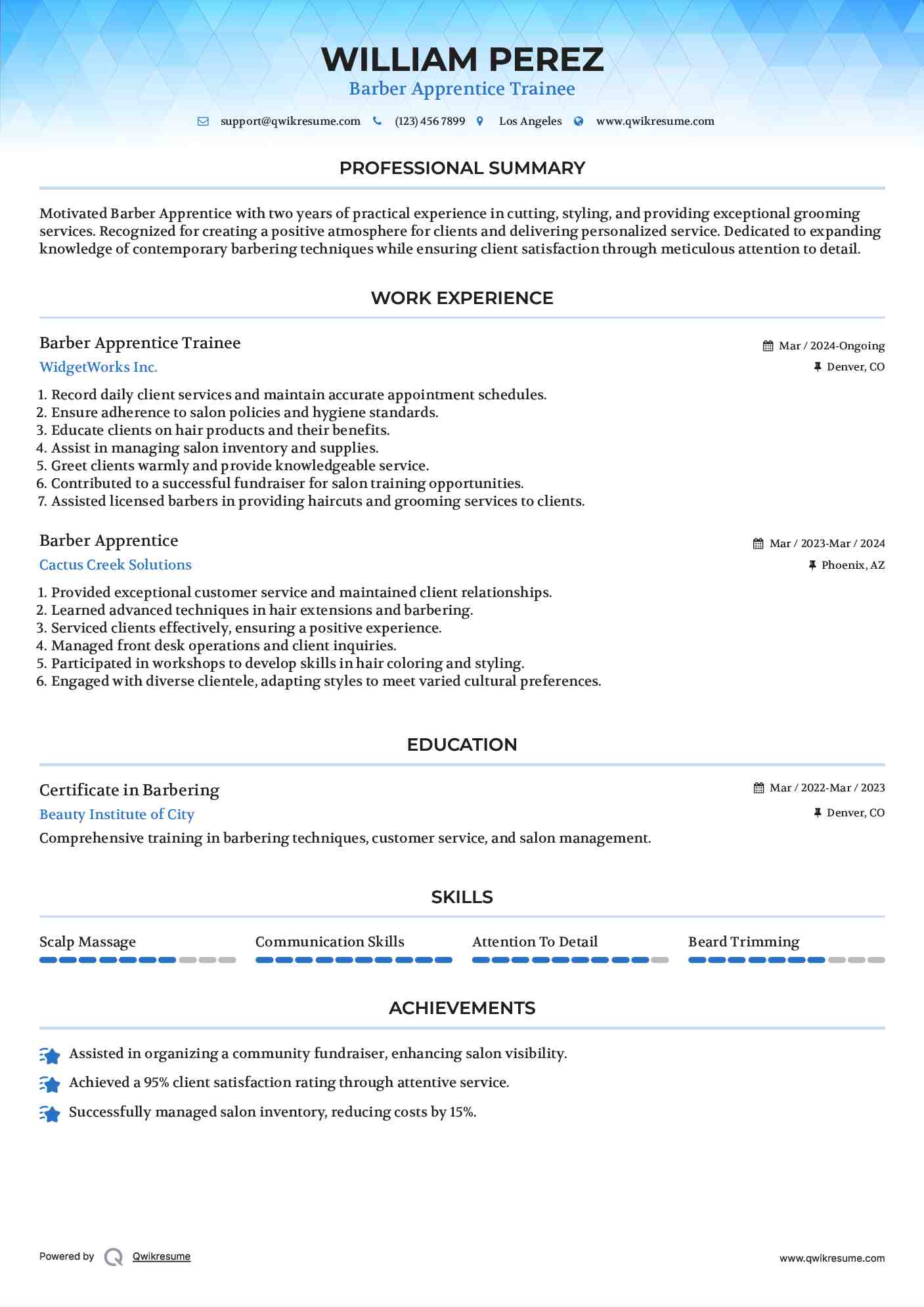 Barber Apprentice Trainee Resume Example