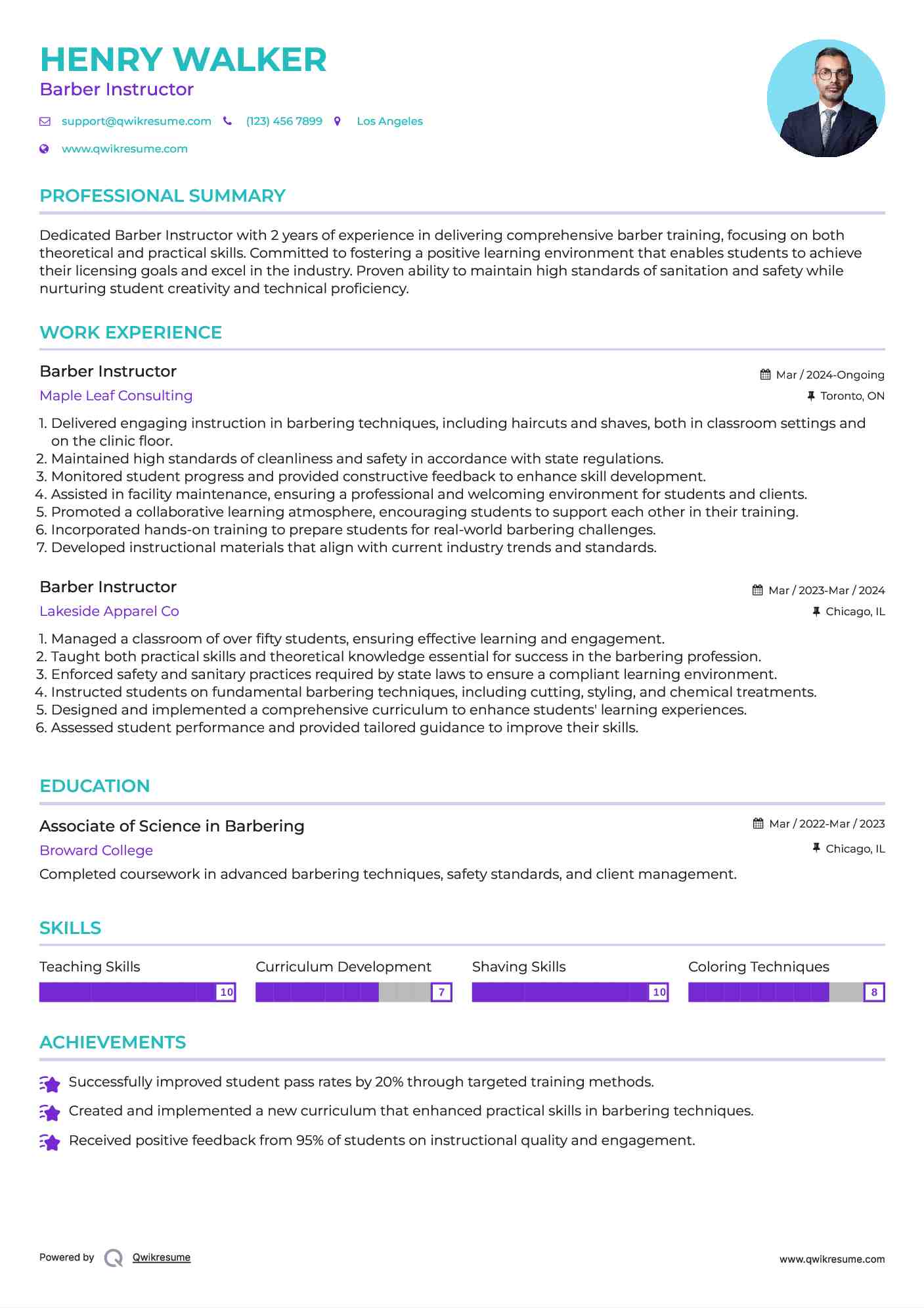 Barber Instructor Resume Sample