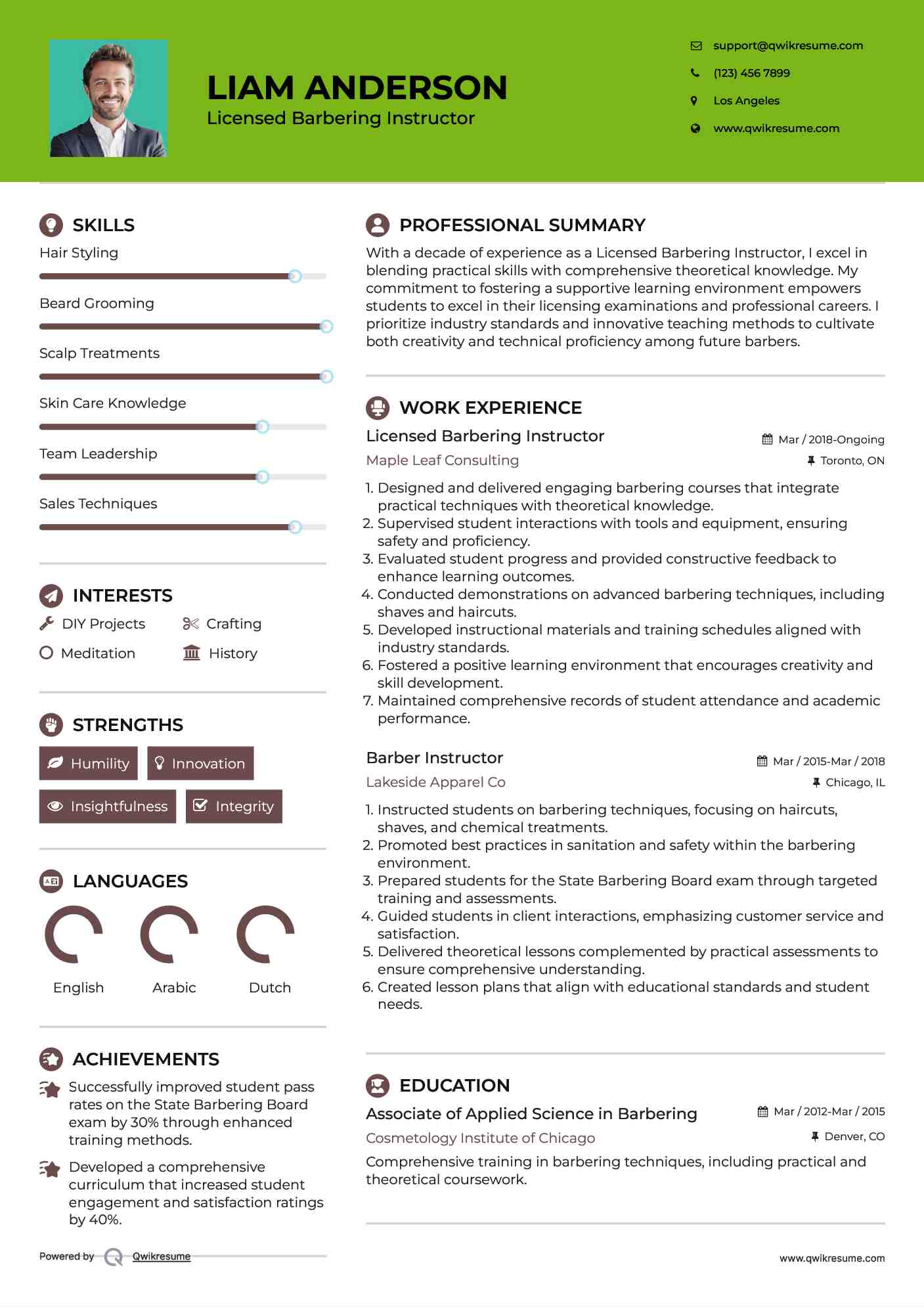 Licensed Barbering Instructor Resume Example