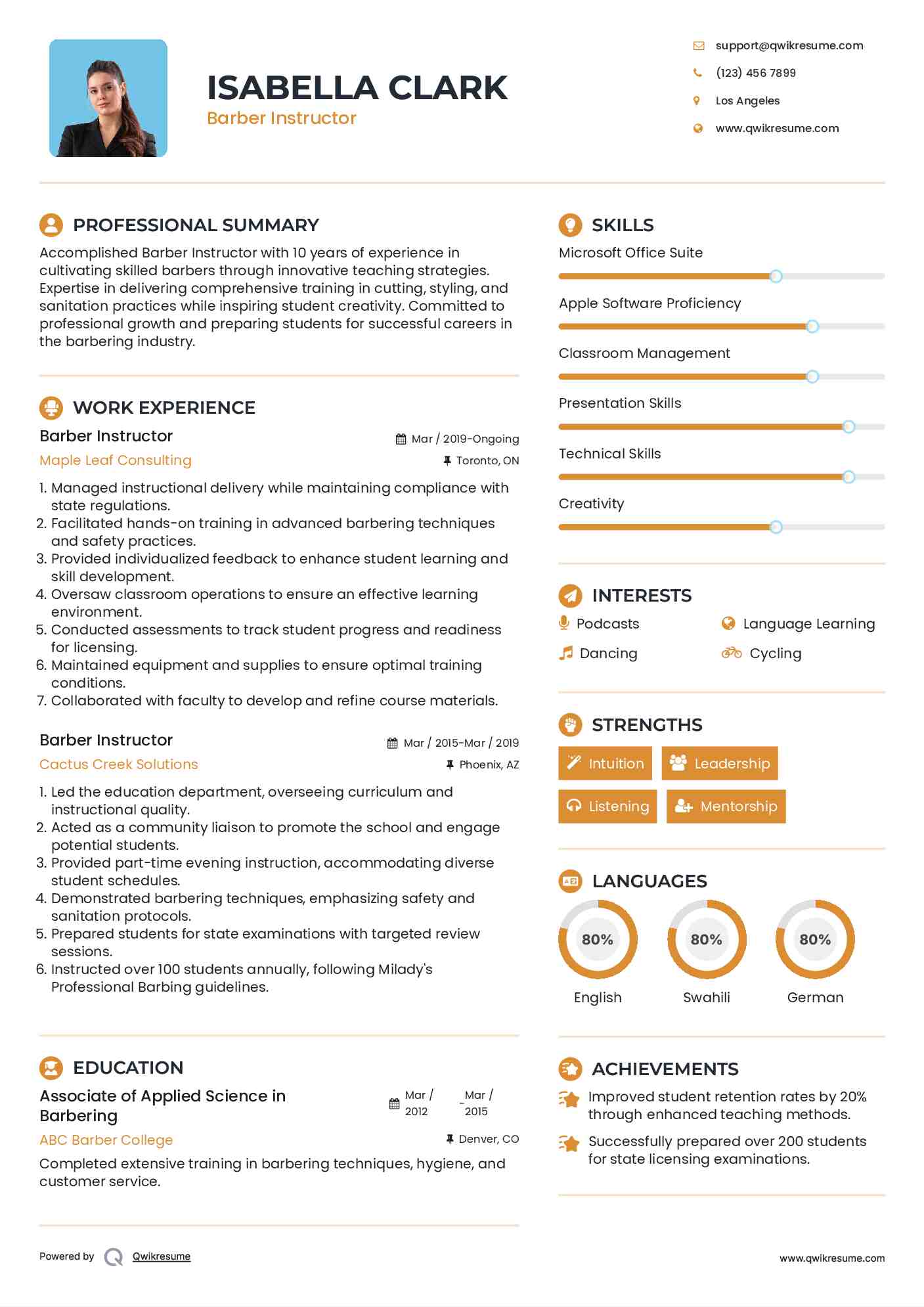 Barber Instructor Resume Sample