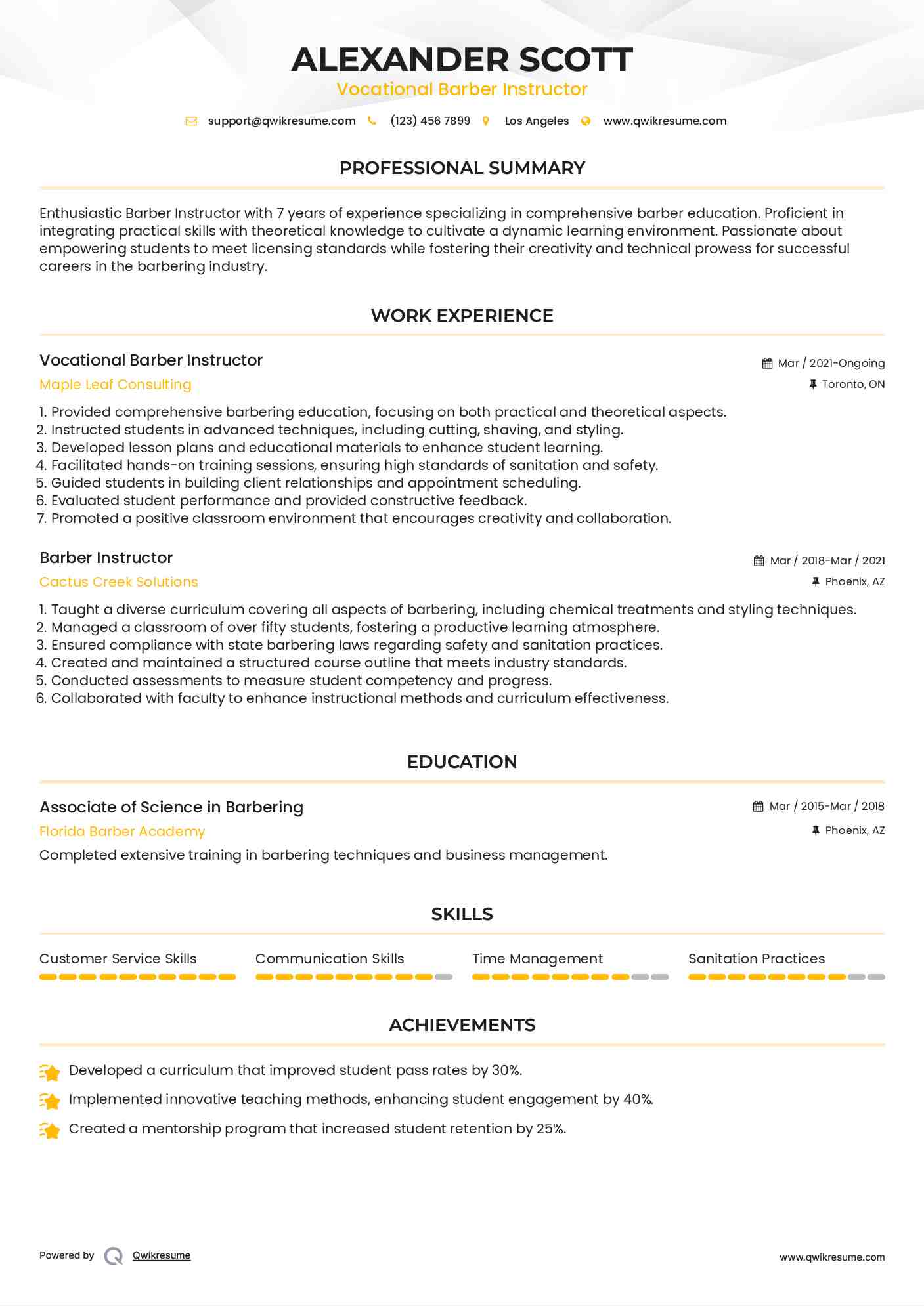 Vocational Barber Instructor Resume Template