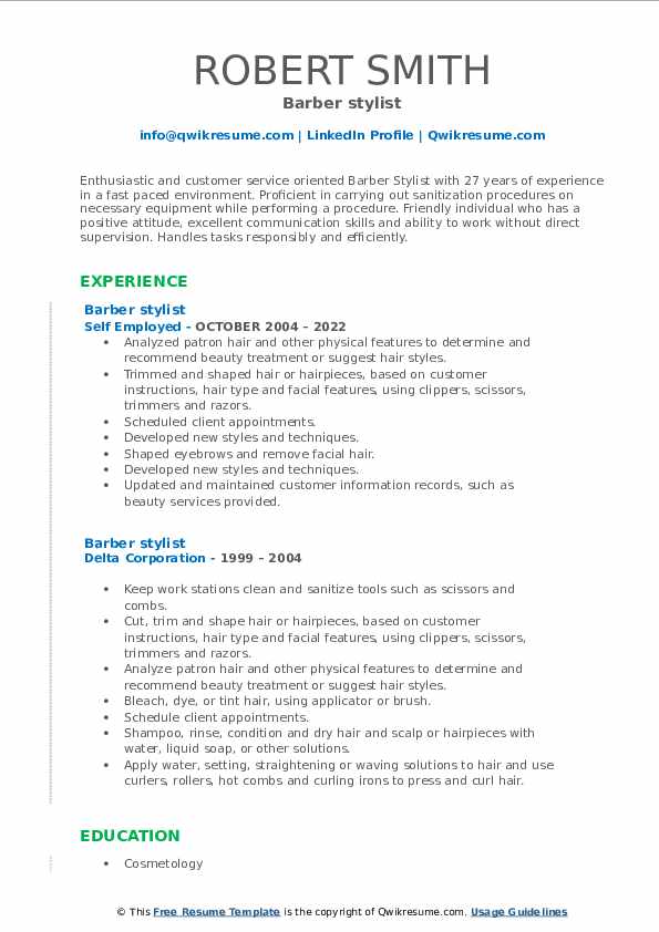 Barber stylist Resume Samples QwikResume