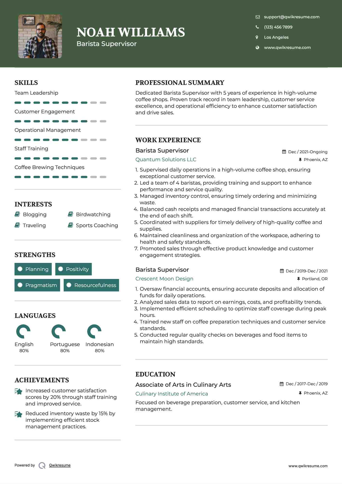 Barista Supervisor Resume Example