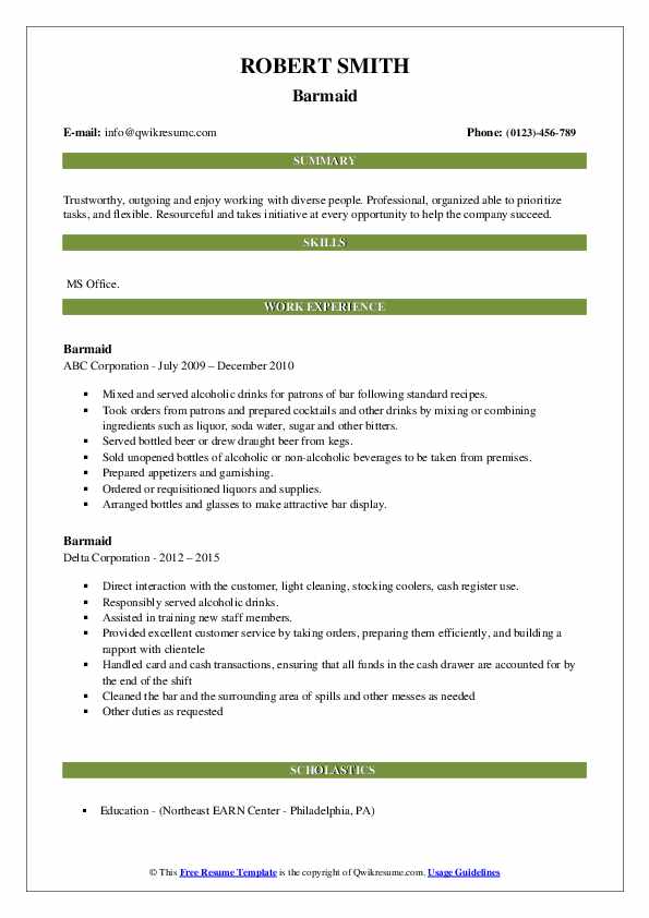 Barmaid Resume Samples QwikResume
