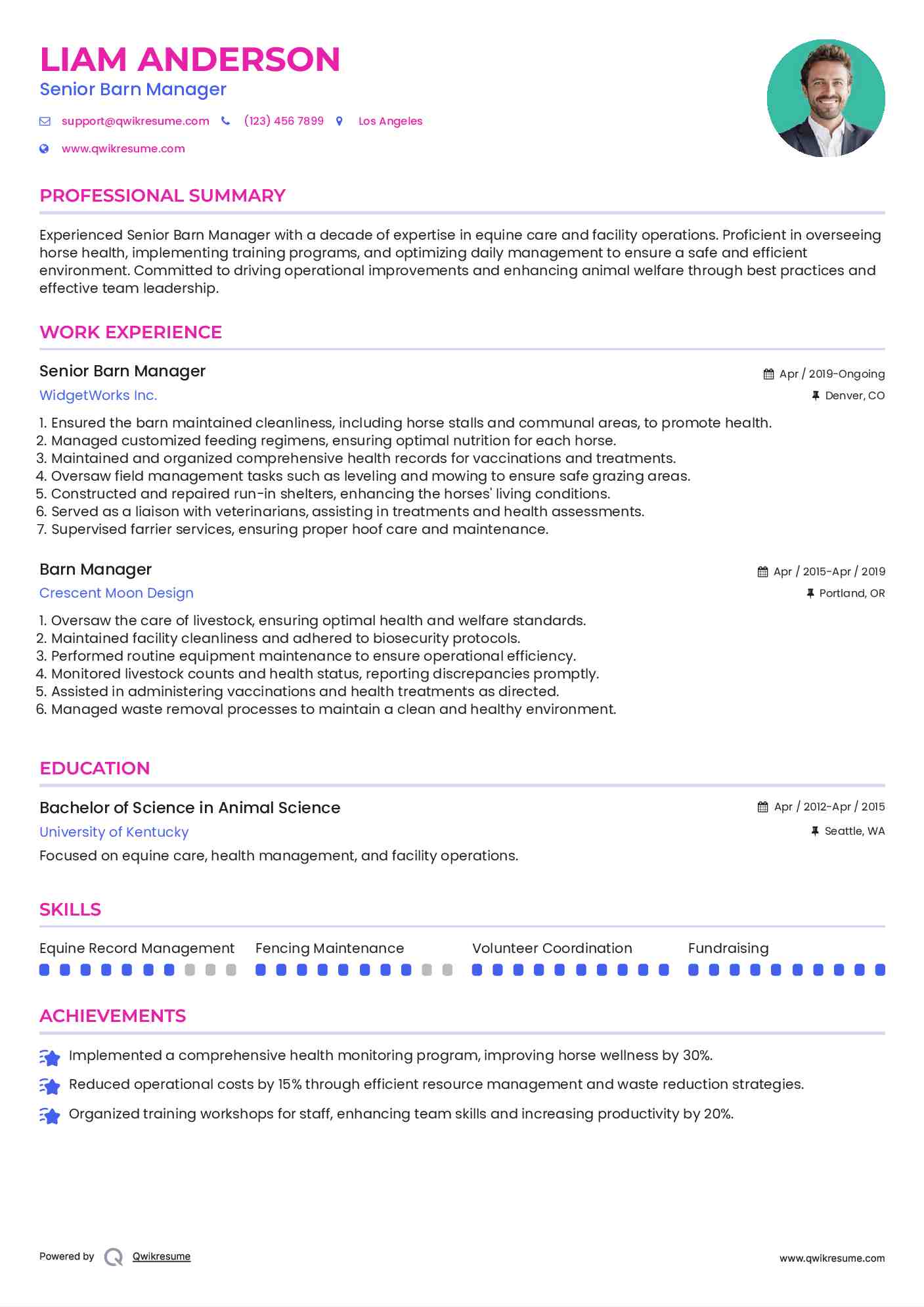 Senior Barn Manager Resume Template