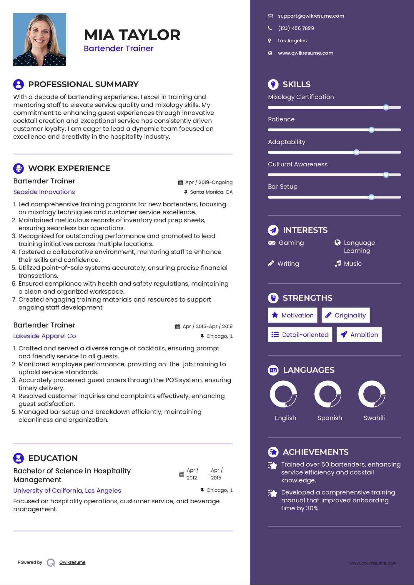 Bartender Trainer Resume Format