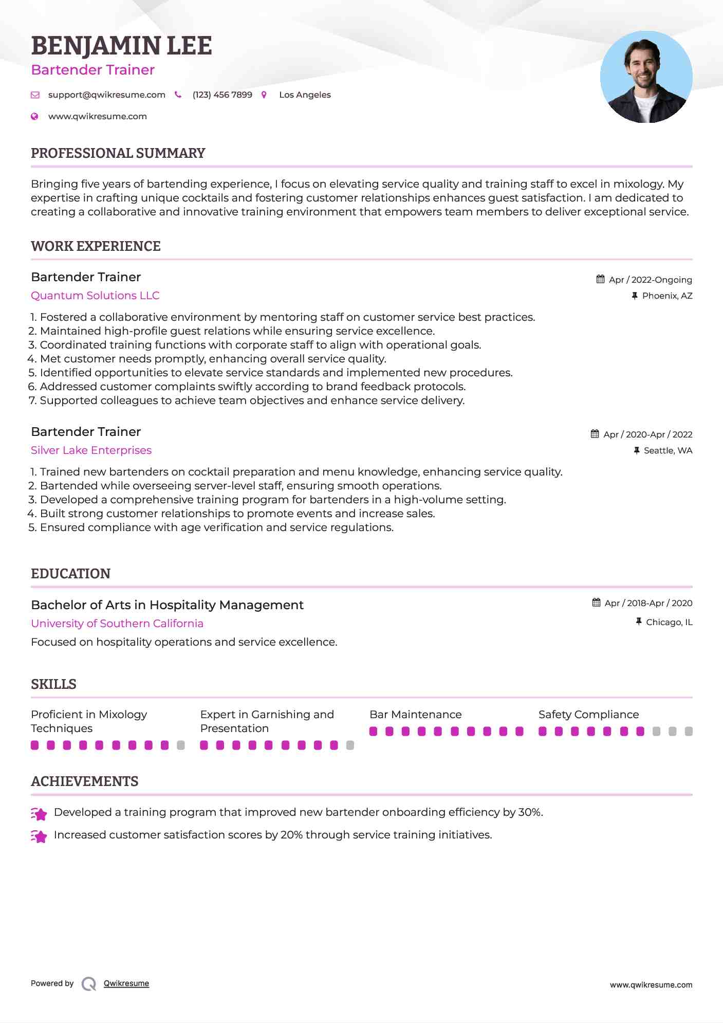 Bartender Trainer Resume Format