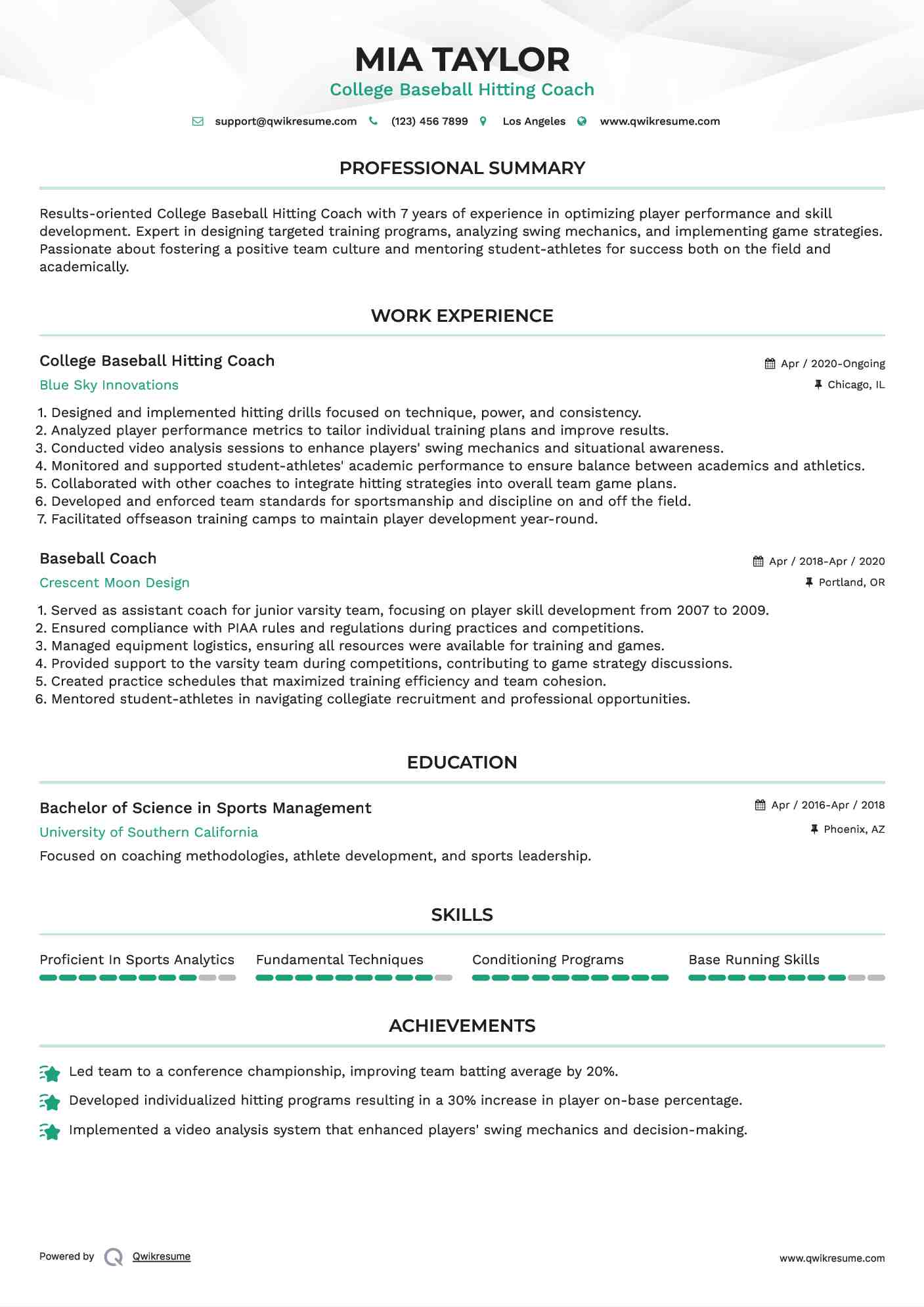 College Baseball Hitting Coach
 Resume Format