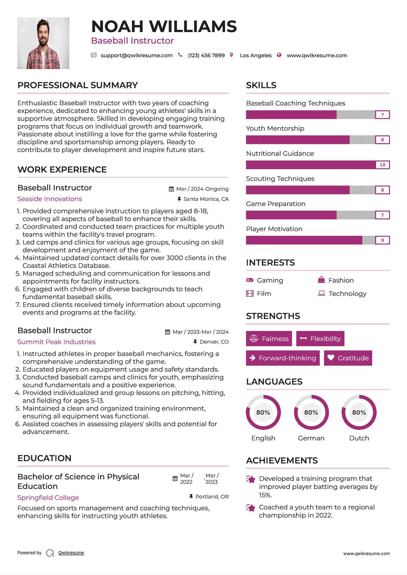 Baseball Instructor Resume Model