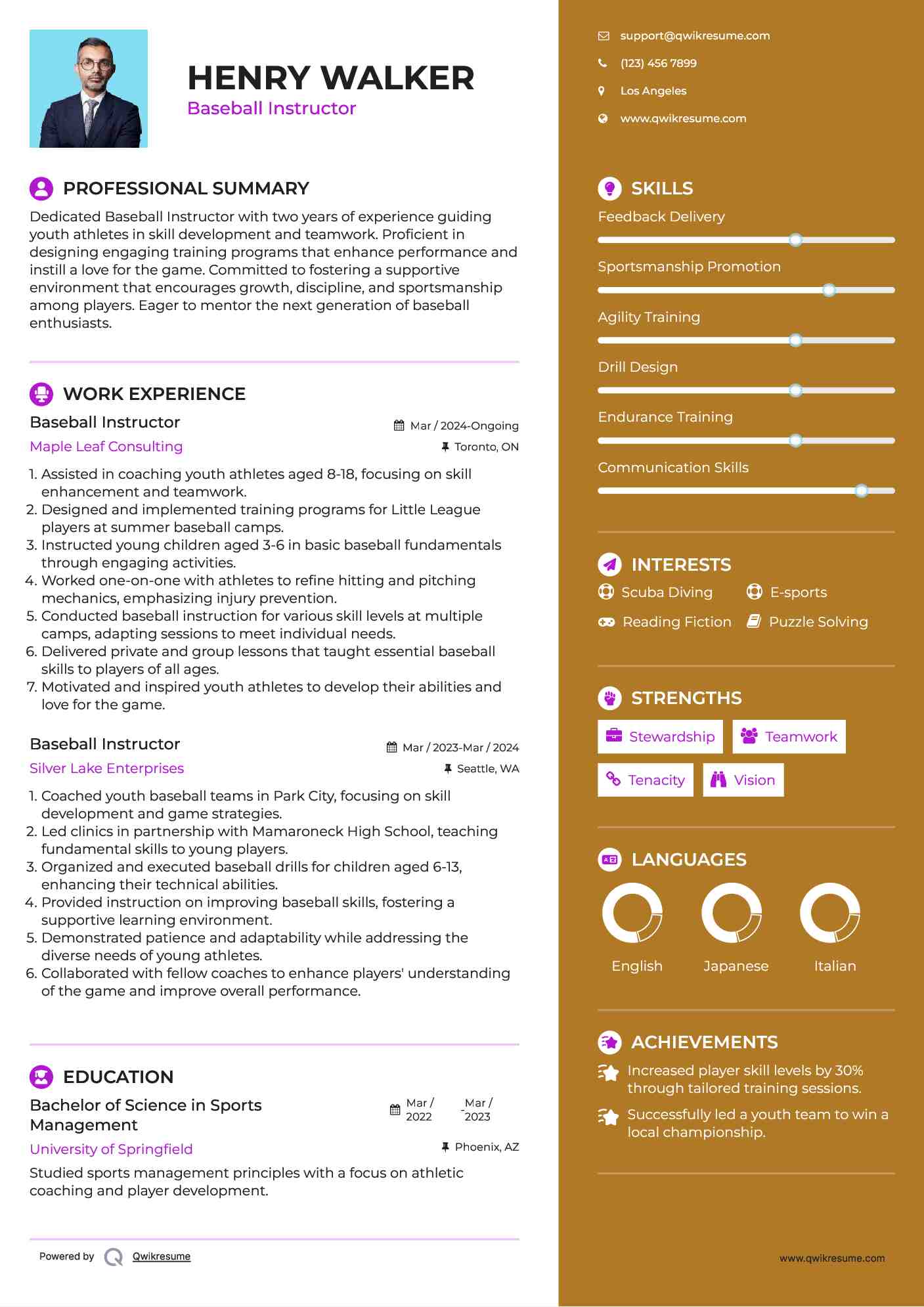 Baseball Instructor Resume Sample