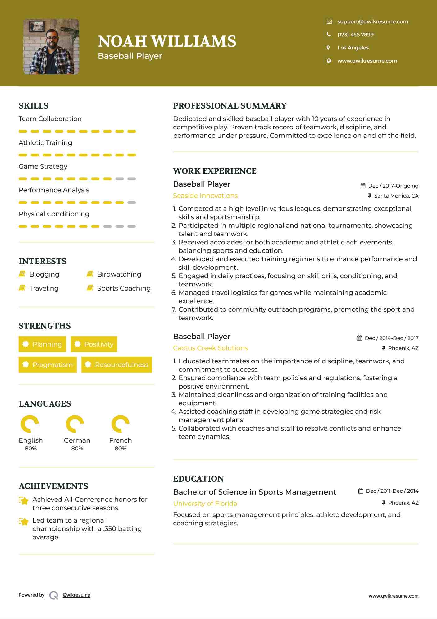 Baseball Player Resume Sample