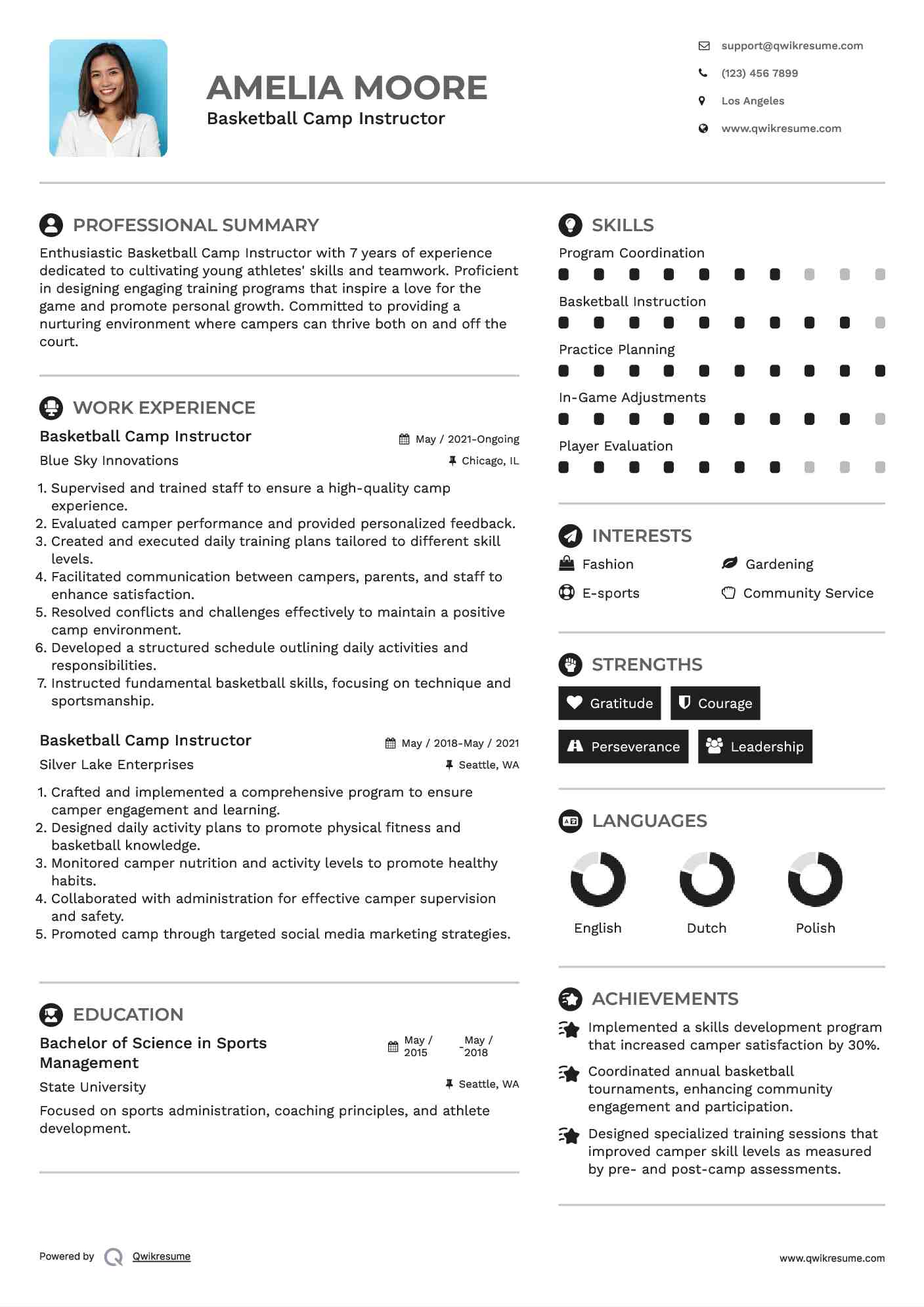 Basketball Camp Instructor Resume Sample