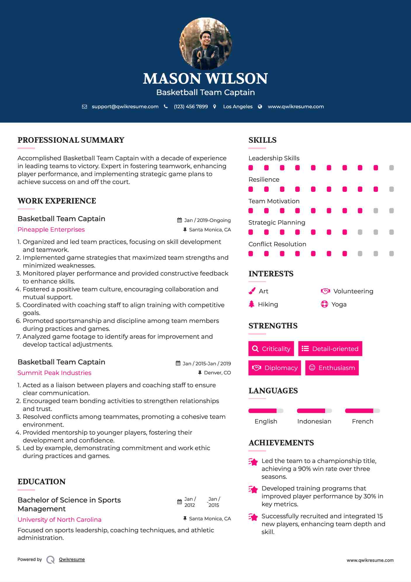 Basketball Team Captain Resume Example