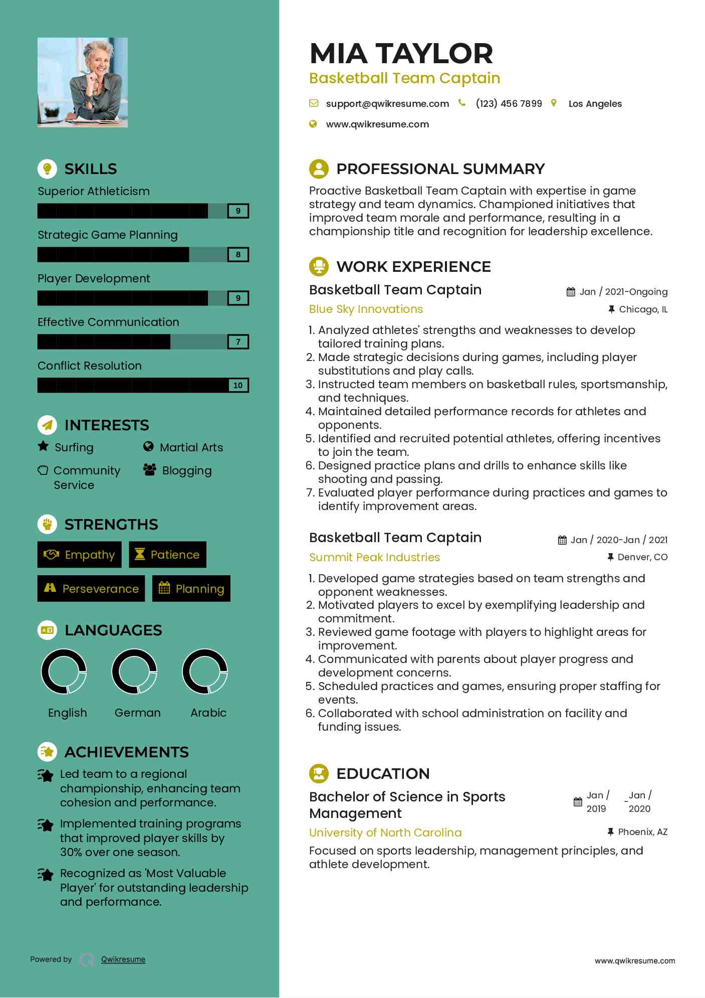 Basketball Team Captain Resume Samples QwikResume