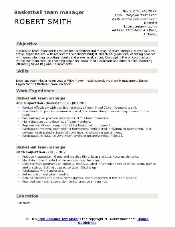 Basketball team manager Resume Samples QwikResume