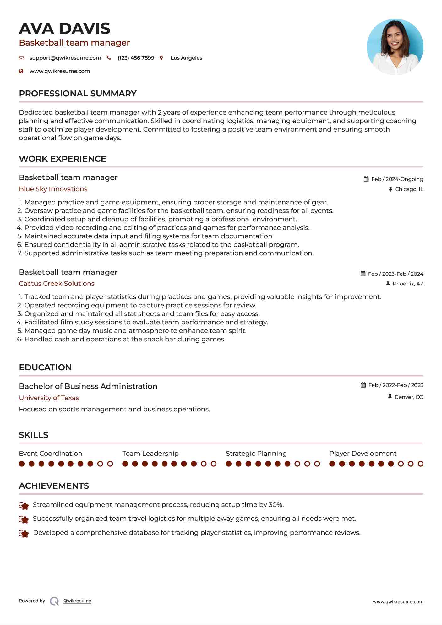Basketball team manager Resume Sample