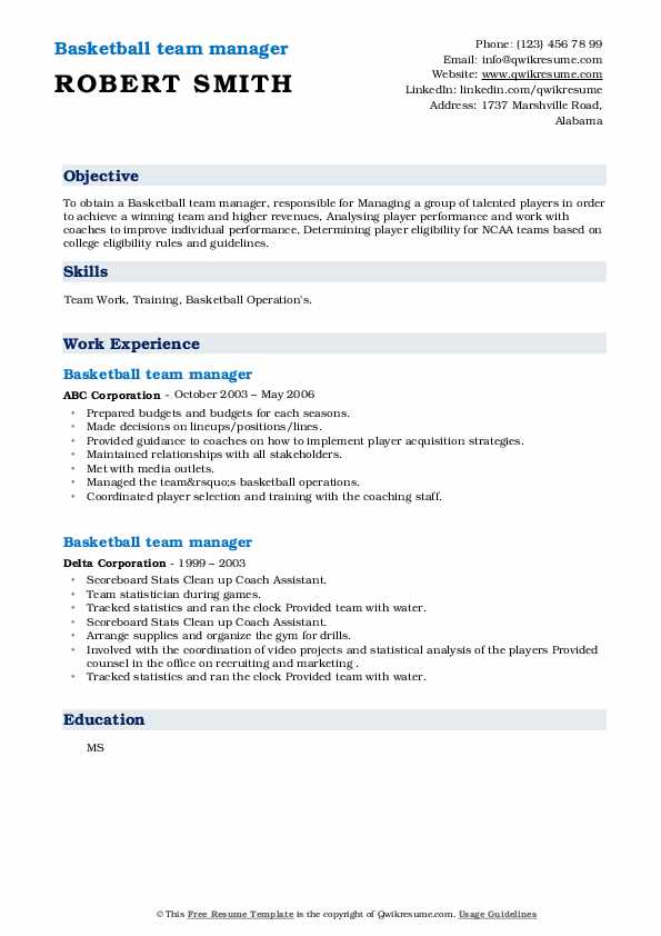 Basketball team manager Resume Samples QwikResume